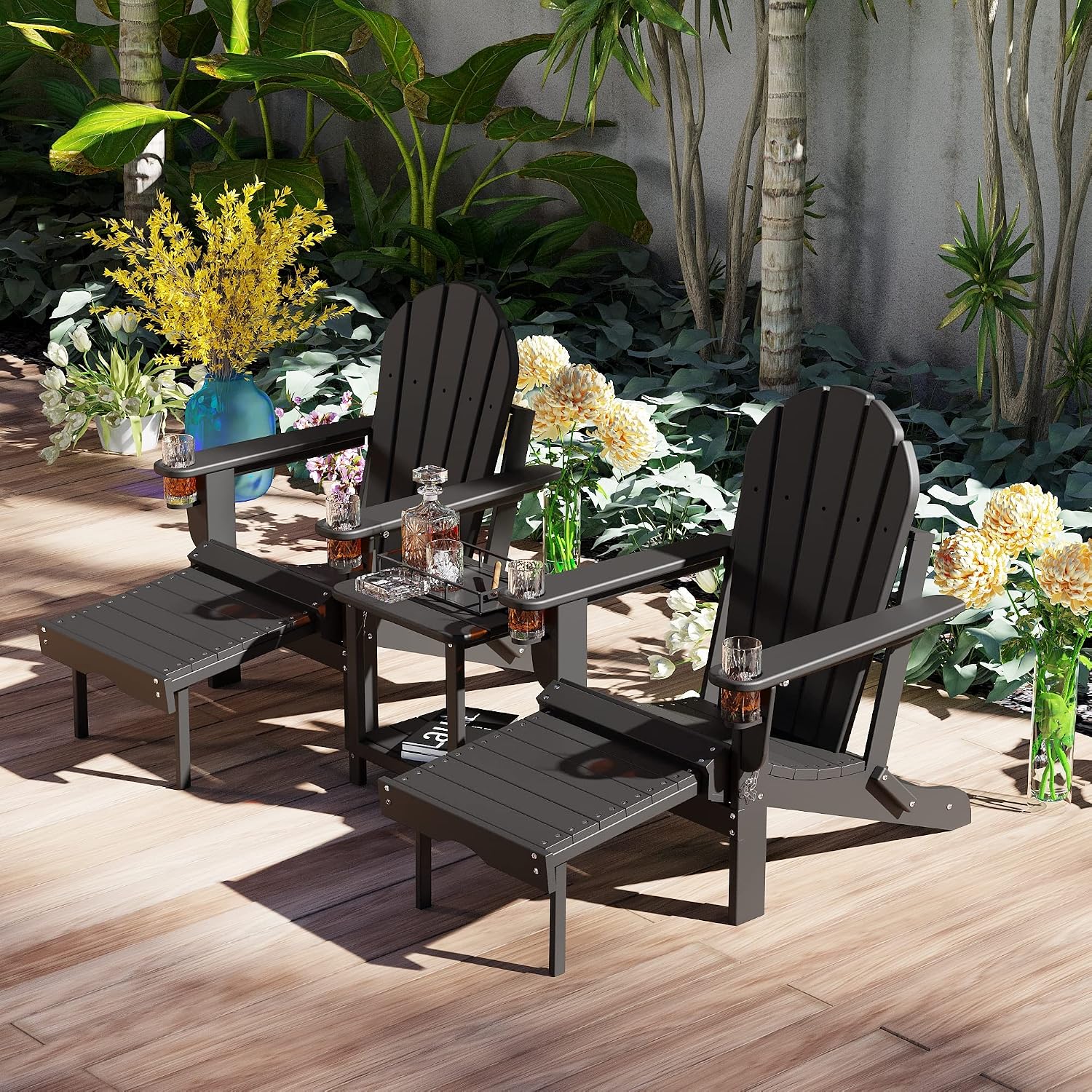 Sundale Outdoor Folding Plastic Adirondack Chair with Footrest 2 Cup Holder on Armrest, Fade and Rust Resistant HDPE, Heavy Duty Perfect for Outside Porch Patio Garden Pool Yard Black
