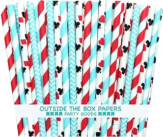 Outside the Box Papers Alice in Wonderland Theme Stripe and Card Design Paper Drinking Straws 7.75 inches 100 Pack Red, White, Light Blue, Black