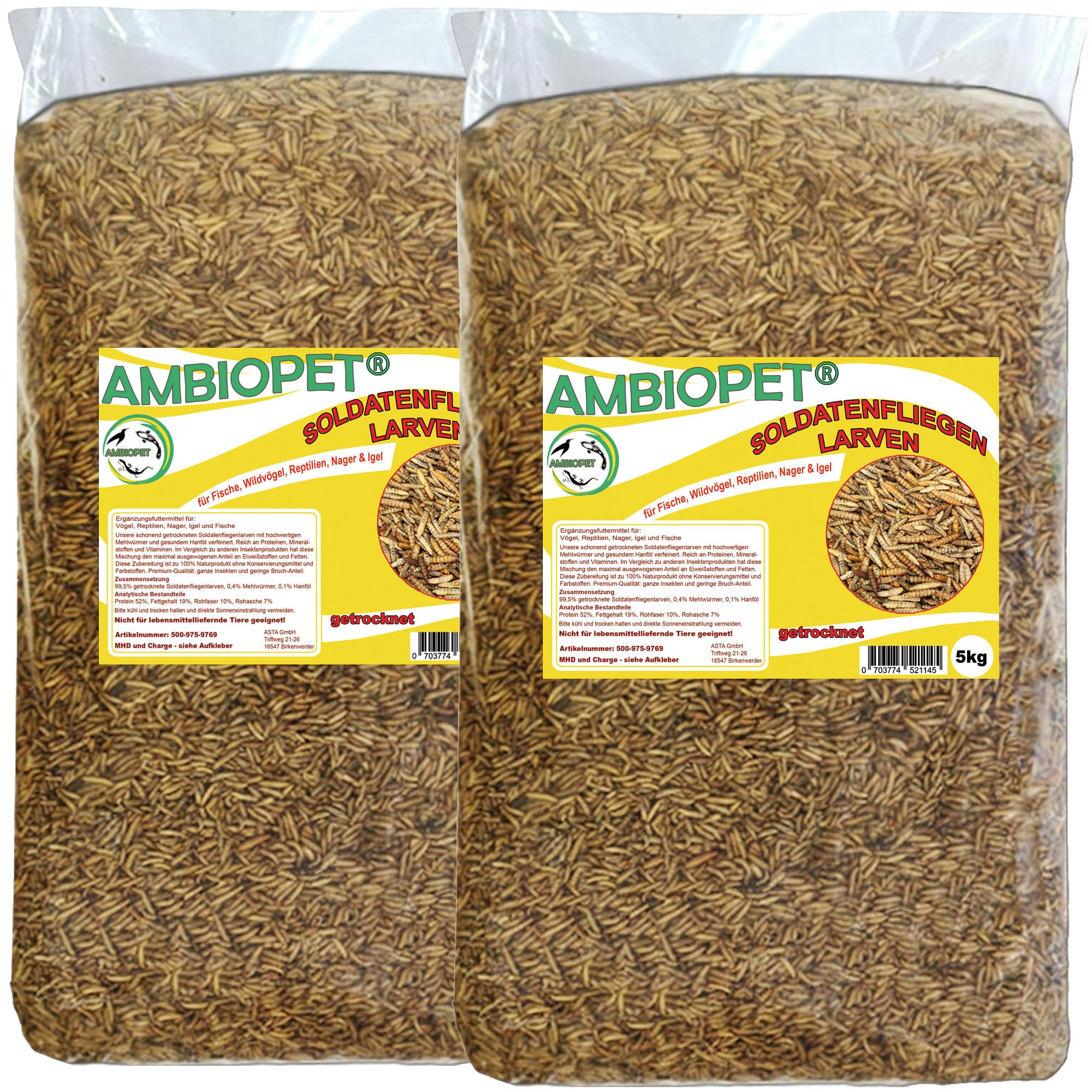 Ambiopet Soldatenfliegenlarven (Hermetia) getrocknet 5 + 5kg Packung, Black Soldier Fly, Protein- und fettreiches Wildvogelfutter, reich an Calcium und Laurinsäure - 1