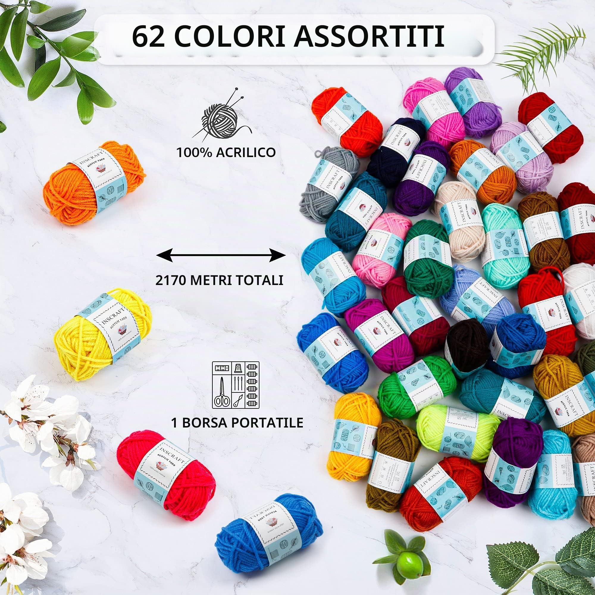 INSCRAFT 62 matasse di filati acrilici, 2000 m di filato per lavorare a maglia e uncinetto, include 2 uncinetti, 2 aghi per tessitura, 10 pennarelli per punti, kit perfetto per principianti per adulti