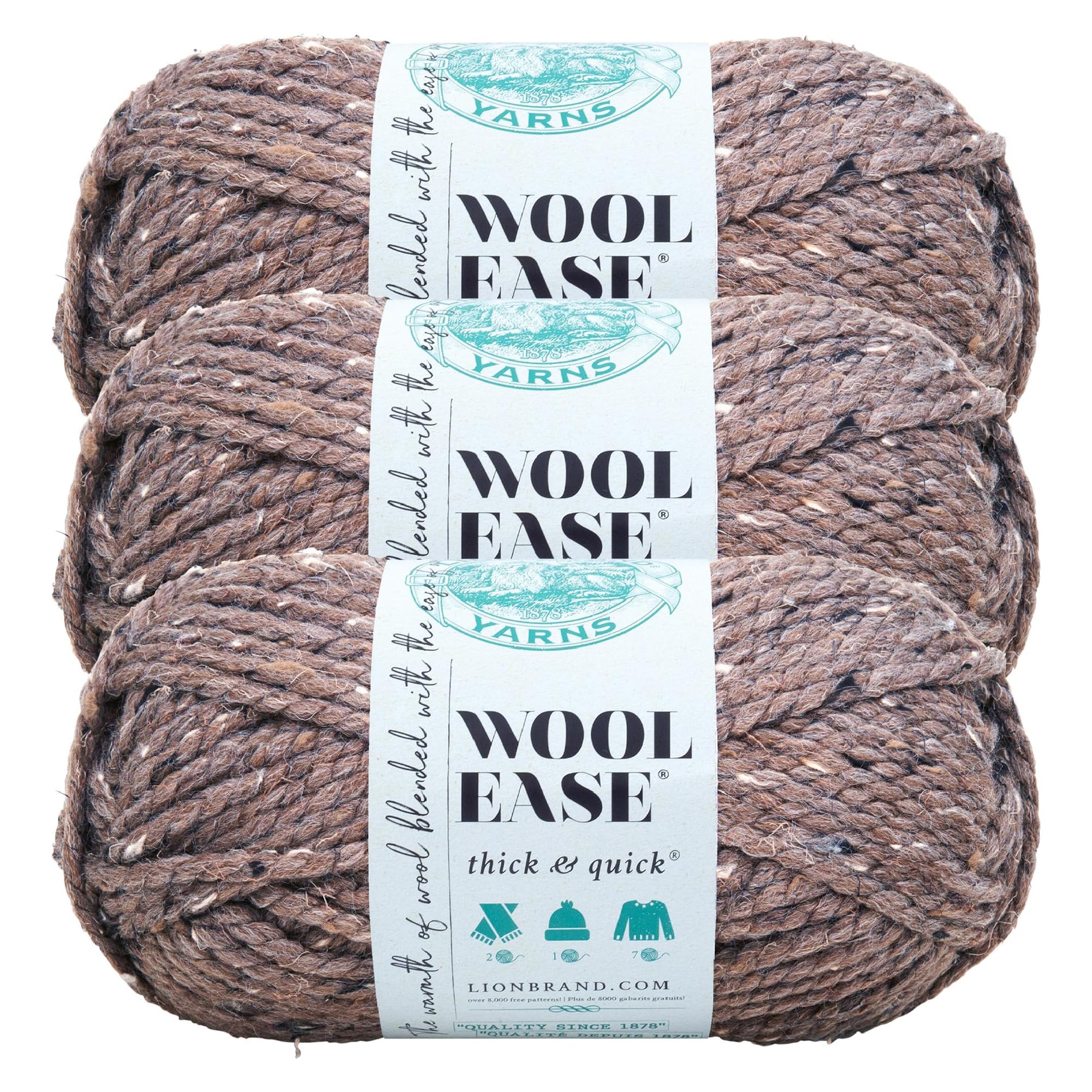 Lion Brand Yarn Wool-Ease Thick &amp; Quick Yarn, Soft and Bulky Yarn for Knitting, Crocheting, and Crafting, 3 Pack, Barley