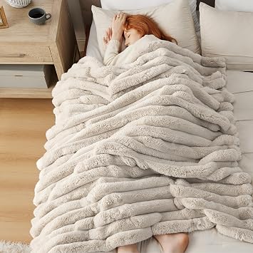 Bedsure Faux Fur Throw Blanket - GentleSoft & Fluffy, Fuzzy Luxury Christmas Blanket for Couch, Sofa and Bed, Thick and Warm for Winter, Cozy Striped Decorative Gift for Women, Oatmeal, 50x70 Inches