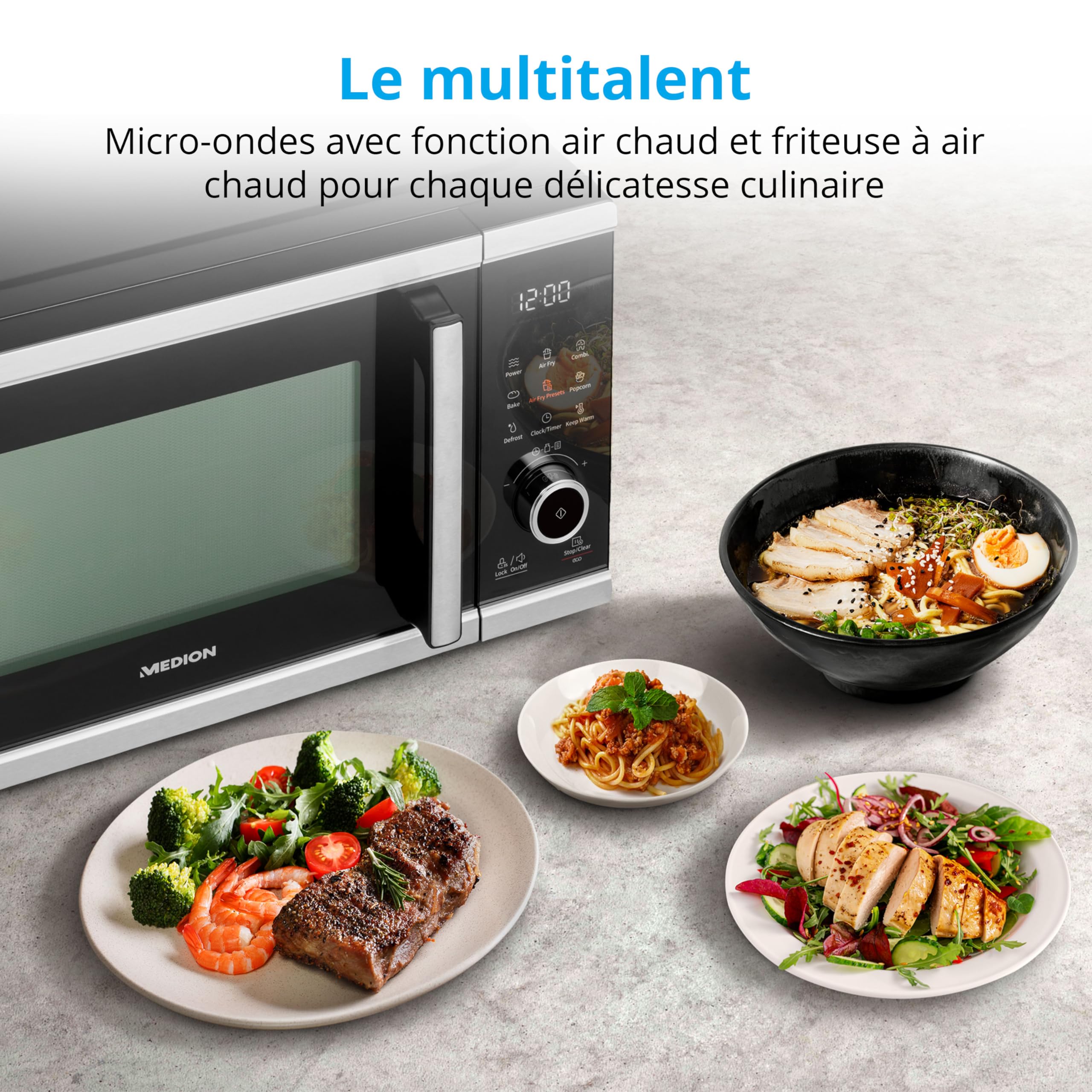 MEDION Micro-onde avec air fryer (Friteuse sans huile à air chaud integrée, 25L, 900W, 1500 W air chaud, 10 programmes automatiques, 10 niveaux de puissance, mode décongeler, MD11499) noir