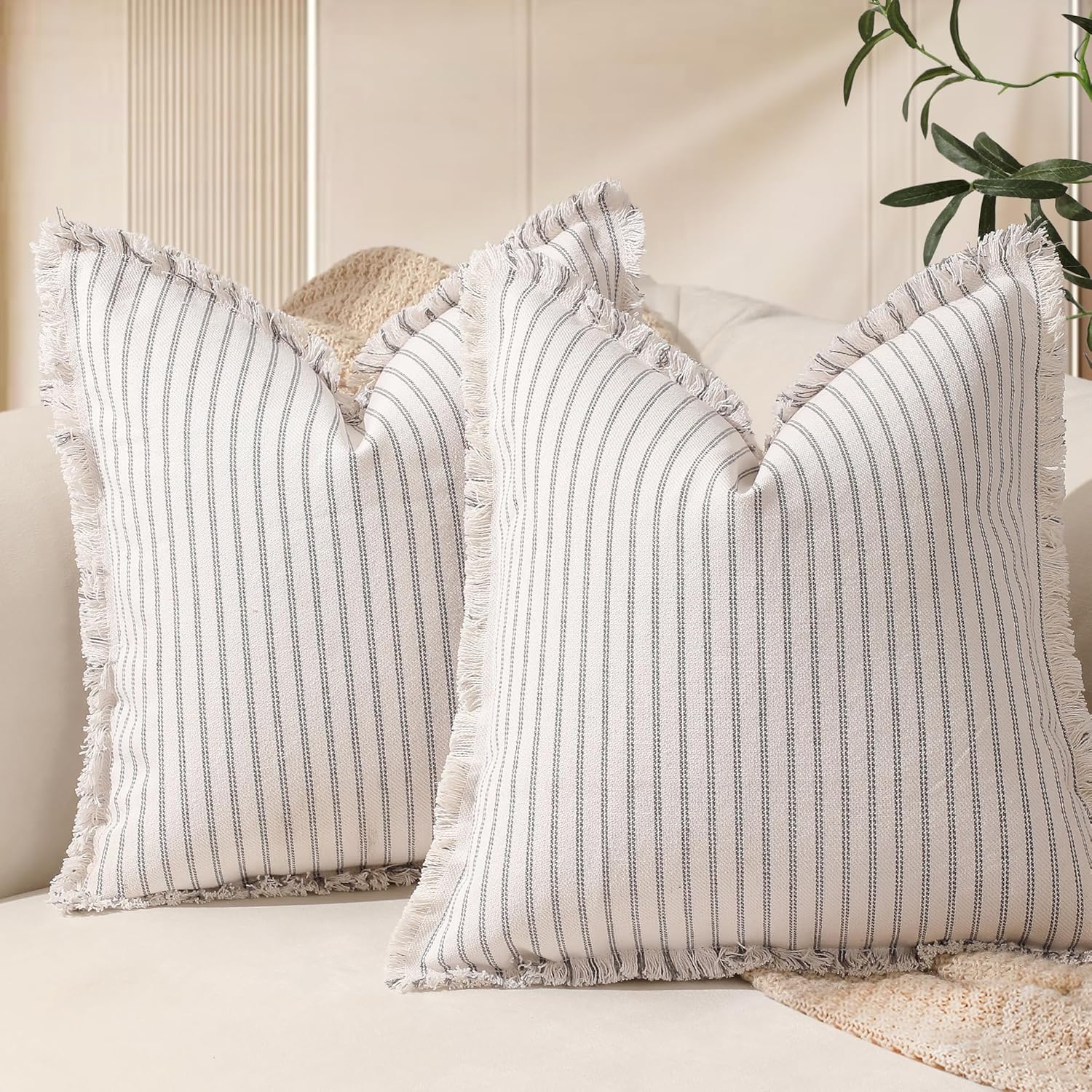 Striped Throw Pillow Covers, Chic Fringe Pillowcases with Zipper Set Cushion Decorative Pillow Covers 20x20 inch Set of 2 for Sofa Couch Sofa Bedroom Living Room Home Decor(Navy Blue)