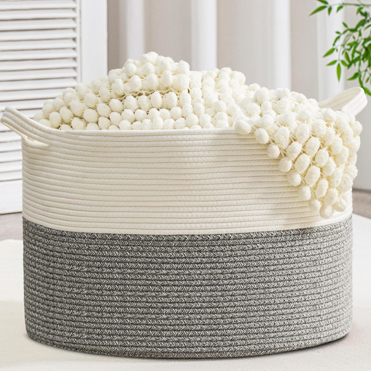 XXXLarge Woven Cotton Rope Basket (21.7" x 13.8") 90L – Blanket Basket for Living Room, Laundry Hamper, Baby Laundry Hamper, Toy Storage, Pillows & Cushions Organizer (White&Grey)