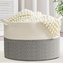 Large Woven Cotton Rope Basket 21.7" x 13.8" 90L Blanket Basket for Living Room, Laundry Hamper, Baby Laundry Hamper, Toy Storage, Pillows & Cushions Organizer White&Grey