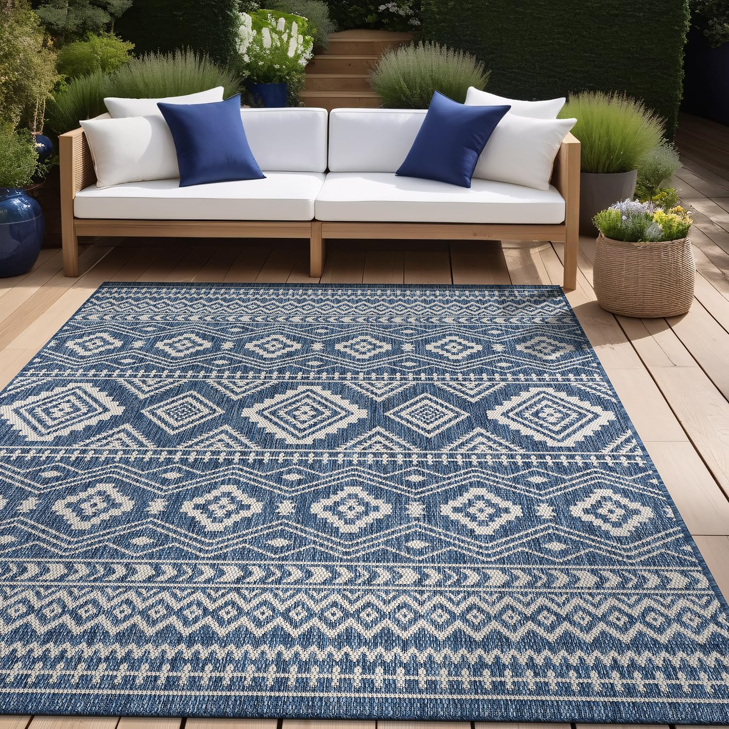 Beverly Rug Waikiki Boho Indoor Outdoor Rug 6x9, Washable Outside Carpet for Patio, Deck, Porch, Bohemian Area Rug, Farmhouse Rugs, Aztec Tribal Rug, Azure and White