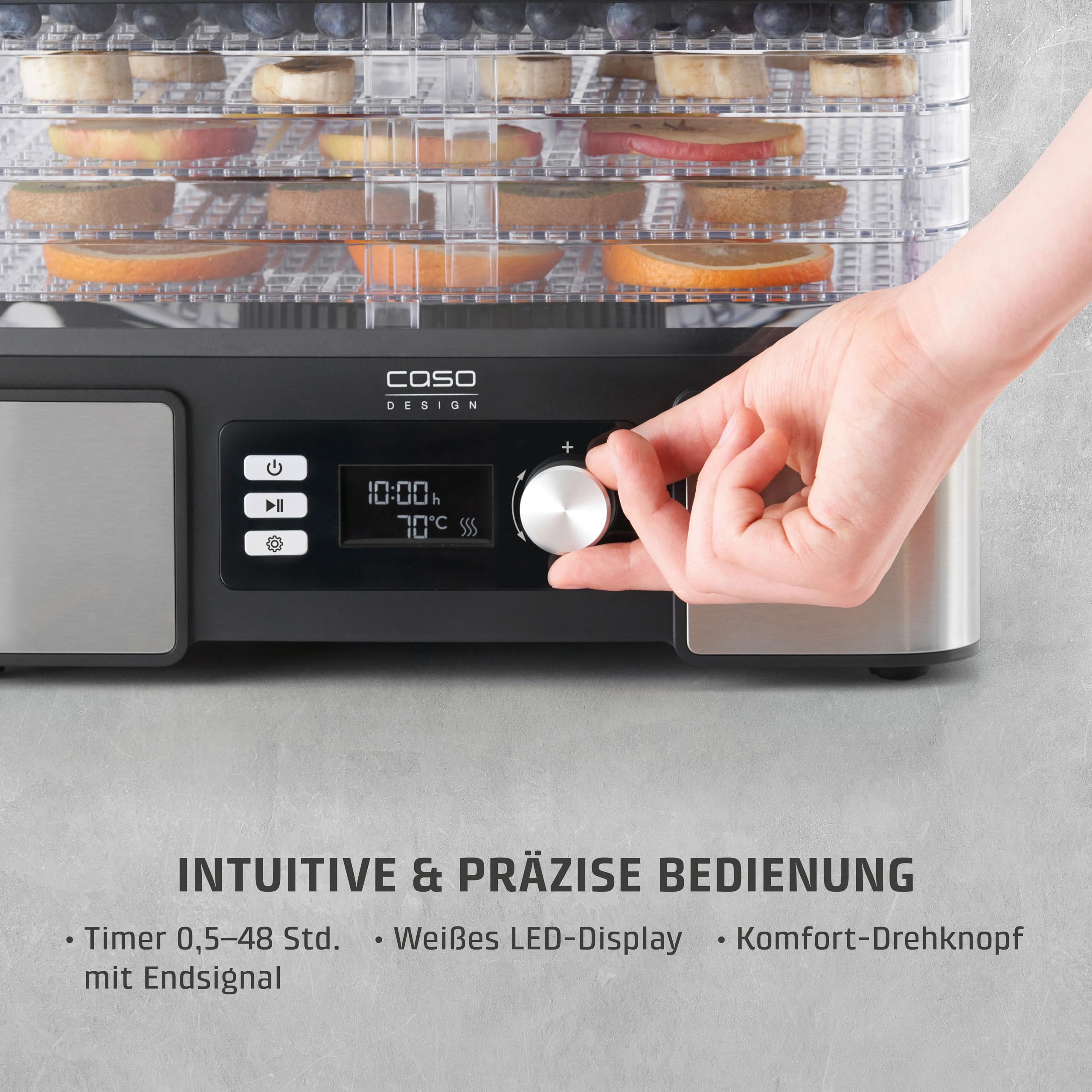 Caso DH 450 Dörrautomat, Testsieger Haus & Garten Test, für z.B. Obst, Gemüse, Kräutern etc., Temperatur individuell einstellbar von 30 ‐ 70 °C, Timer einstellbar von 0,5 ‐ 48 h