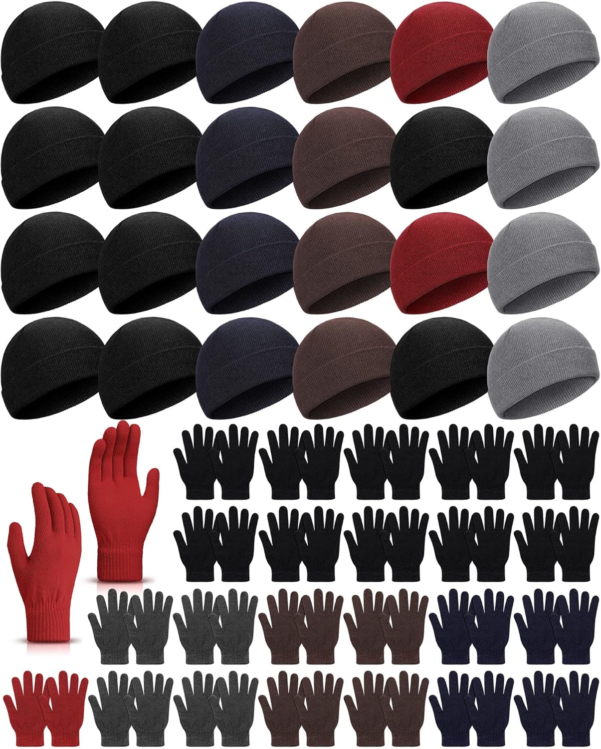 Tarpop 48 Pcs Winter Beanie Gloves Bulk for Homeless Winter Warm Hats Gloves Stretch Knit Beanie for Women Men Homeless Gift