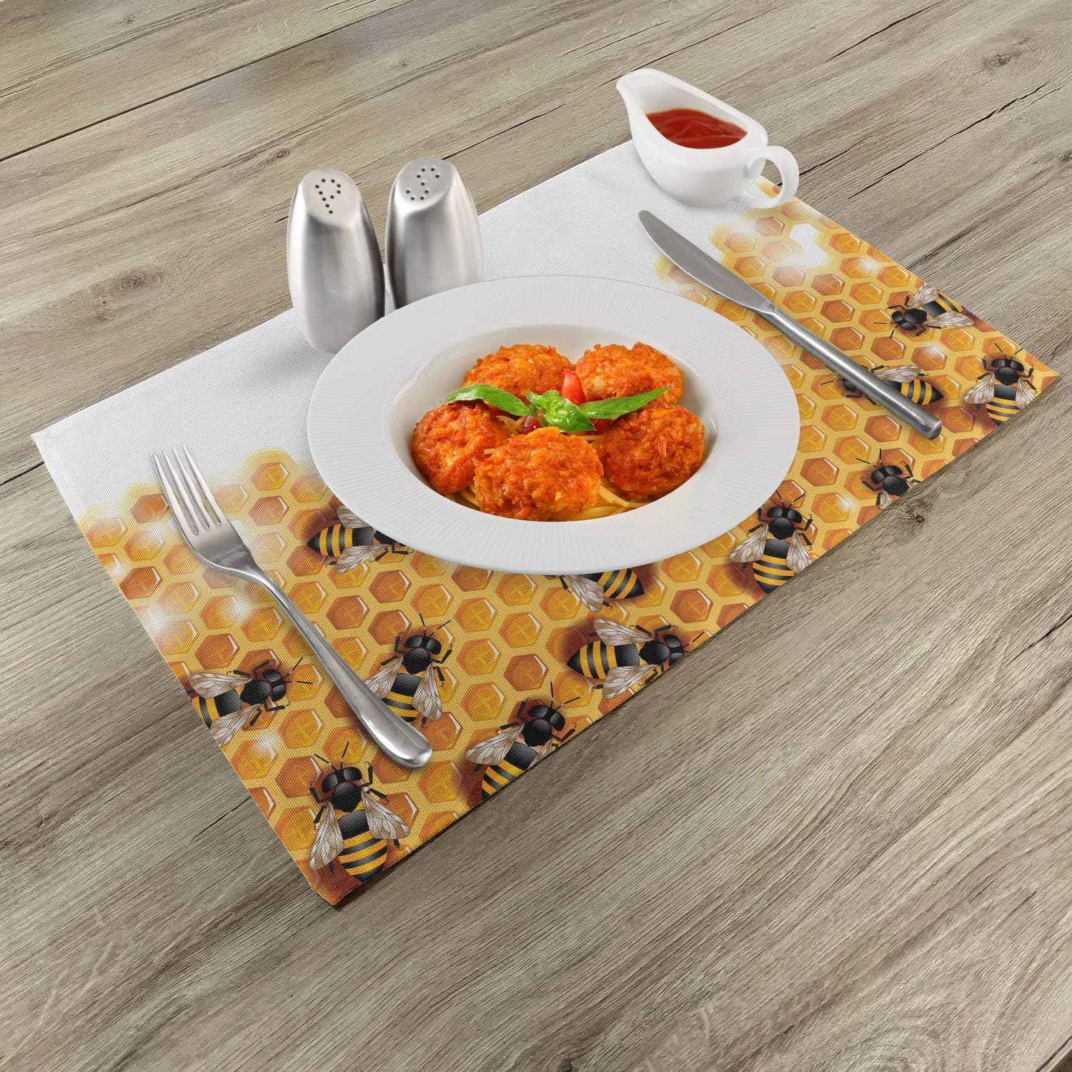 Lunarable Nature Place Mats Set of 4, Honey Bees Wax Abstract Insect of Spring Season Art Image, Washable Fabric Placemats for Dining Table, Standard Size, Marigold Apricot