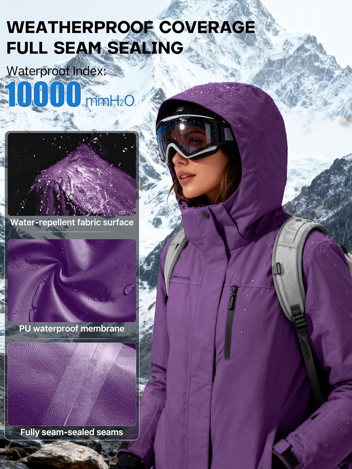 FREE SOLDIER Women's Waterproof Ski Snow Jacket Fleece Lined Warm Winter Rain Jacket with Hood Fully Taped Seams - Image 4