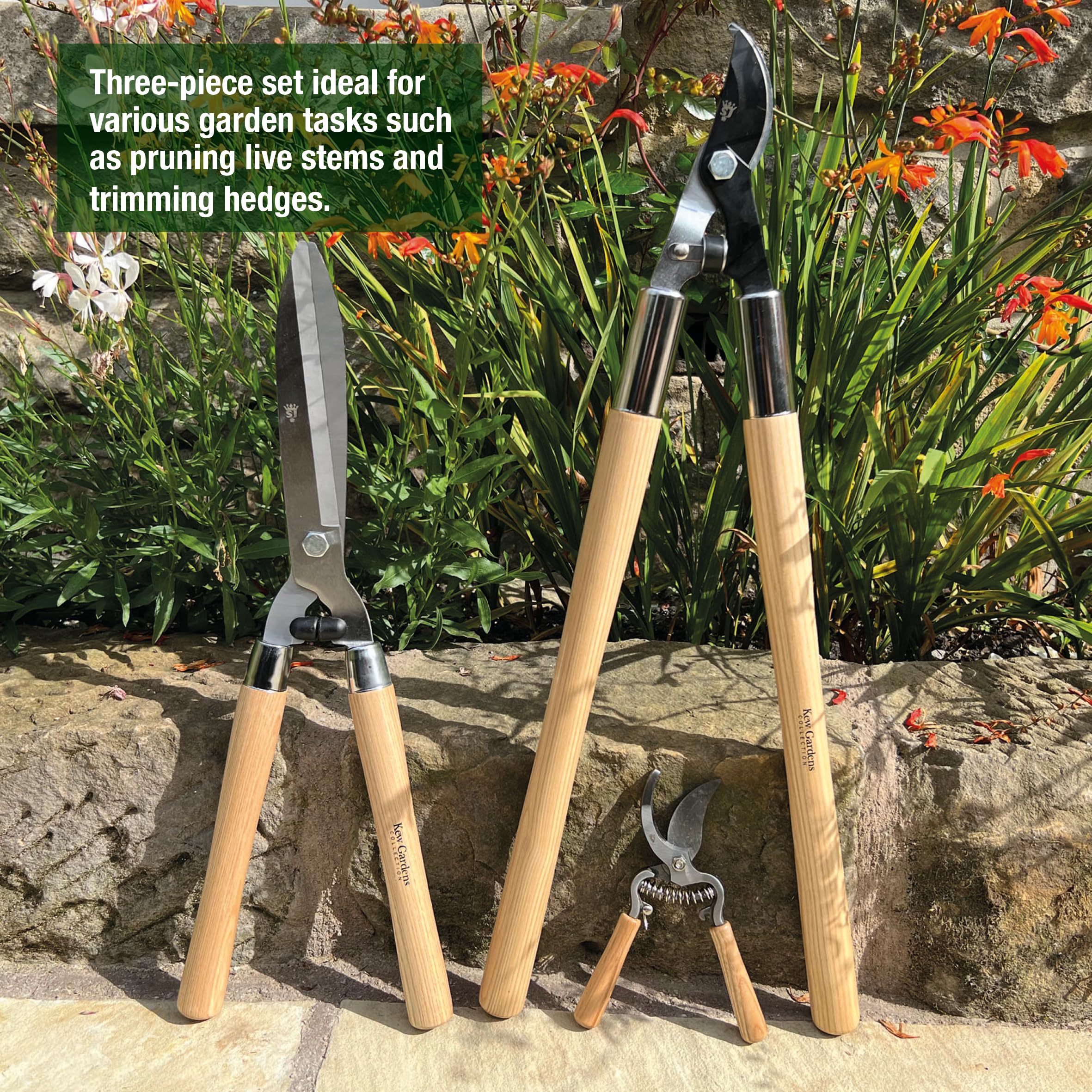 Spear & Jackson CUTSETKEW Kew Gardens Woodland 3 Piezas – Tijeras Bypass, Tijeras para Setos y Podadora Bypass – Hojas de Acero al Carbono, Mangos de Madera FSC