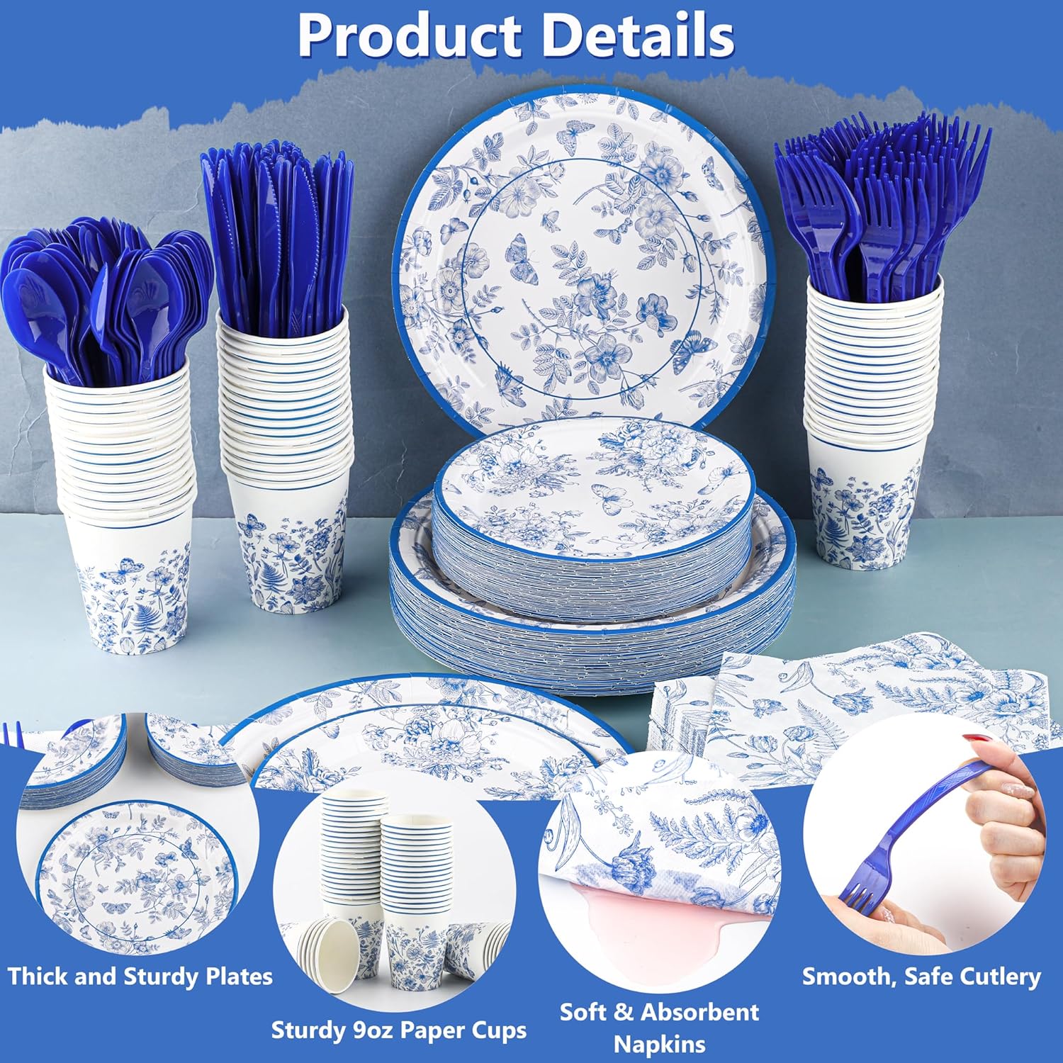 Kochorie 350 PCS Blue Floral Party Supplies Set for 50 Guests Includes White & Blue Floral Plates Cups Napkins Utensils for Spring Dinner, Garden Party, Birthday, Disposable Tableware - Image 3