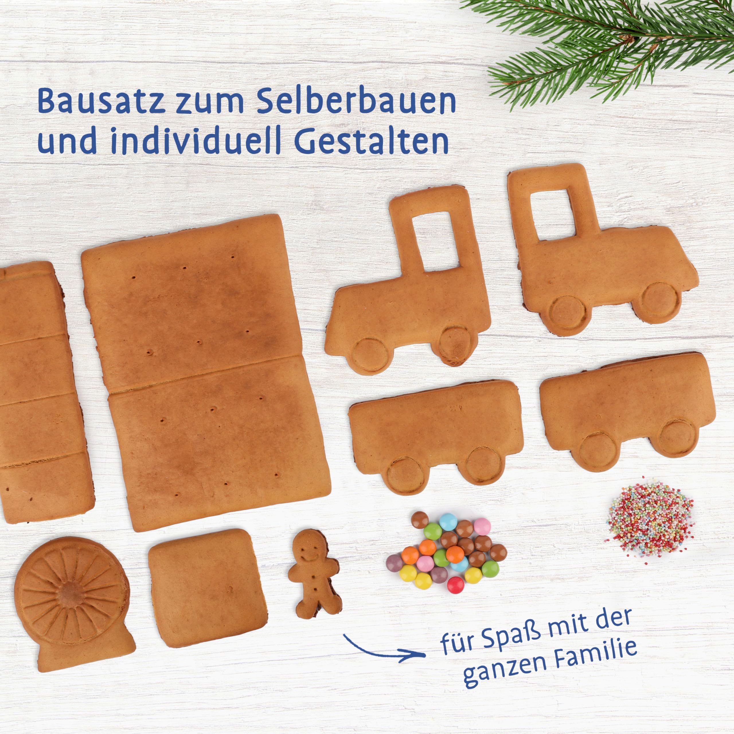 Pertzborn Lebkuchen Zug zum Selberbauen – 450g mit Lokomotive & Wagon – Essbare Weihnachtsdeko mit Schokolinsen und Nonpareilles – Einfache Anleitung für Weihnachtsspaß