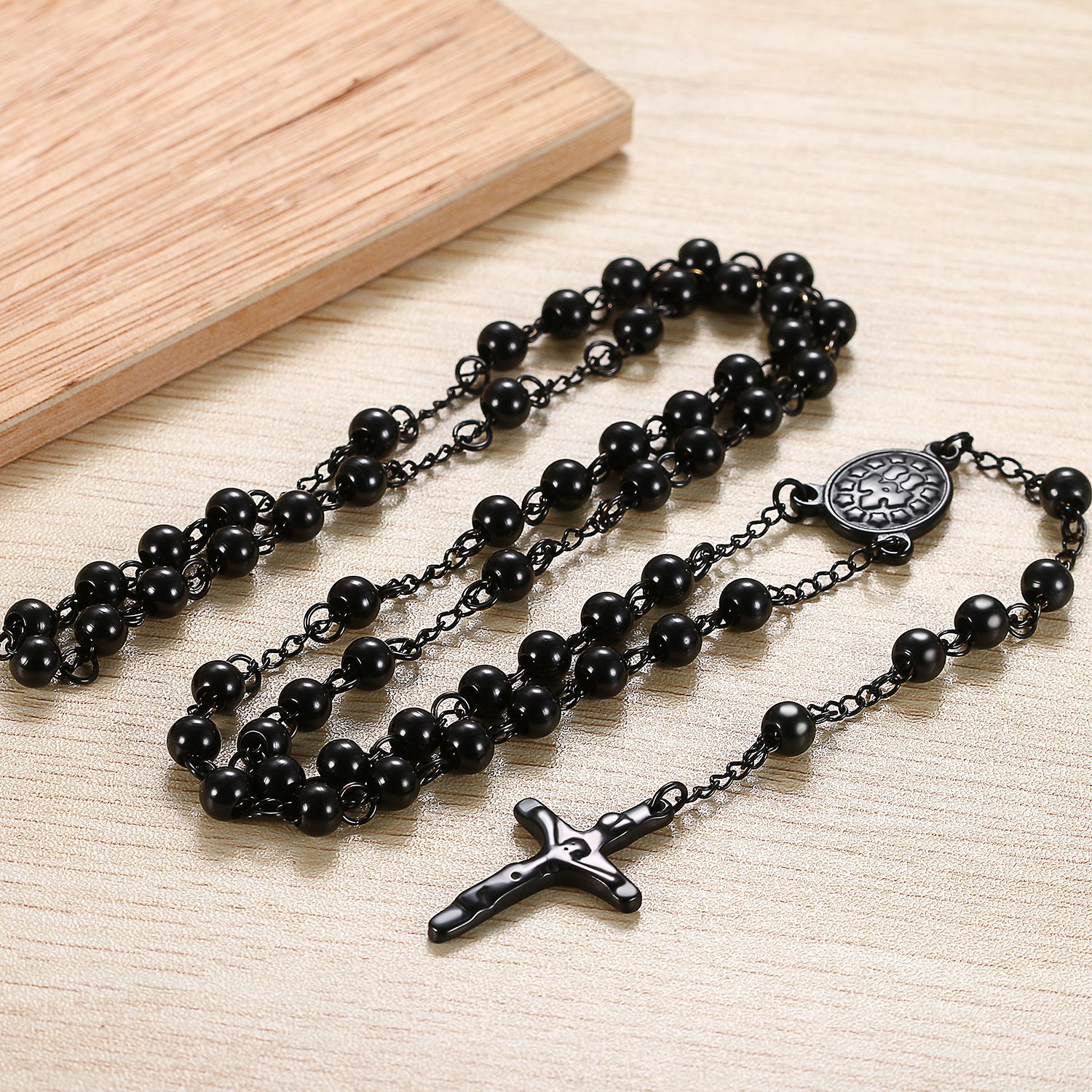 Flongo Rosenkranz Männer Kette Frauen Halskette aus Edelstahl mit Jesus Kreuz Anhänger Kugelkette Silber Schwarz Rose Gold