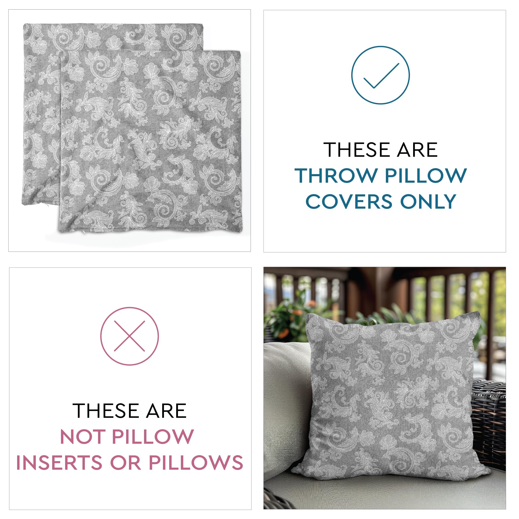 Encasa XO Chambray Cotton Floral Cushion Covers, Grey, 40 x 40 cm (Pack of 2) - Image 3