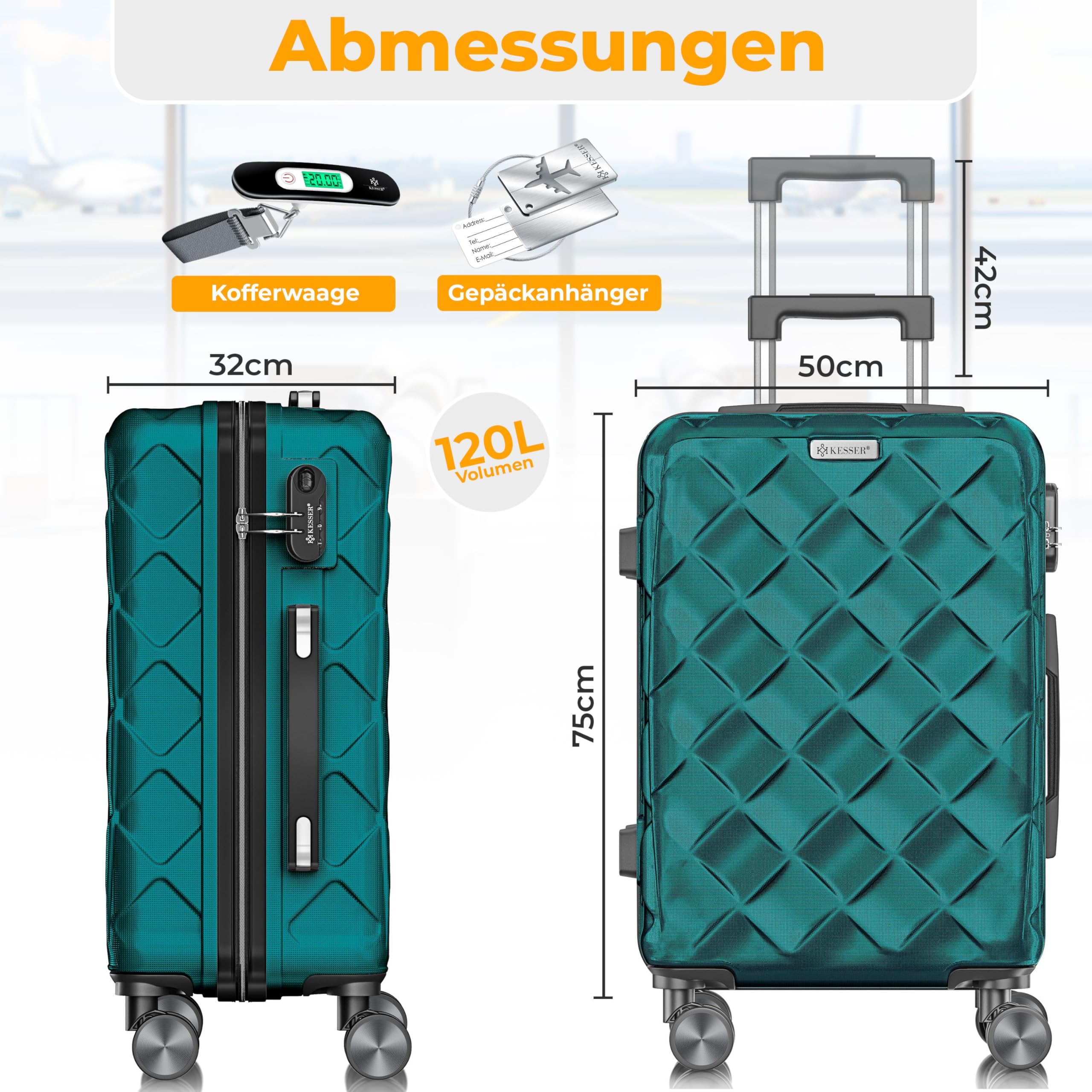 KESSER Valigia da viaggio in ABS rigida con serratura a combinazione, bilancia e portafoglio da viaggio con ruote a 360°, valigetta per business e viaggio, Petrol Teal, 75cm - 120L, Classico