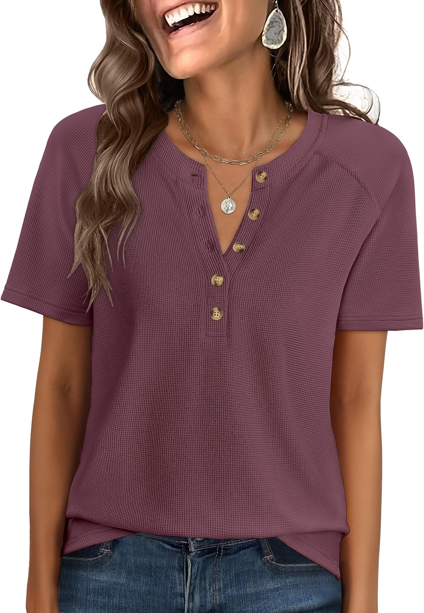 Women Waffle Knit Tops Short Sleeve Henley Shirts Dressy Casual Blouse 2026 Spring Fashion Outfits Trendy Clothes