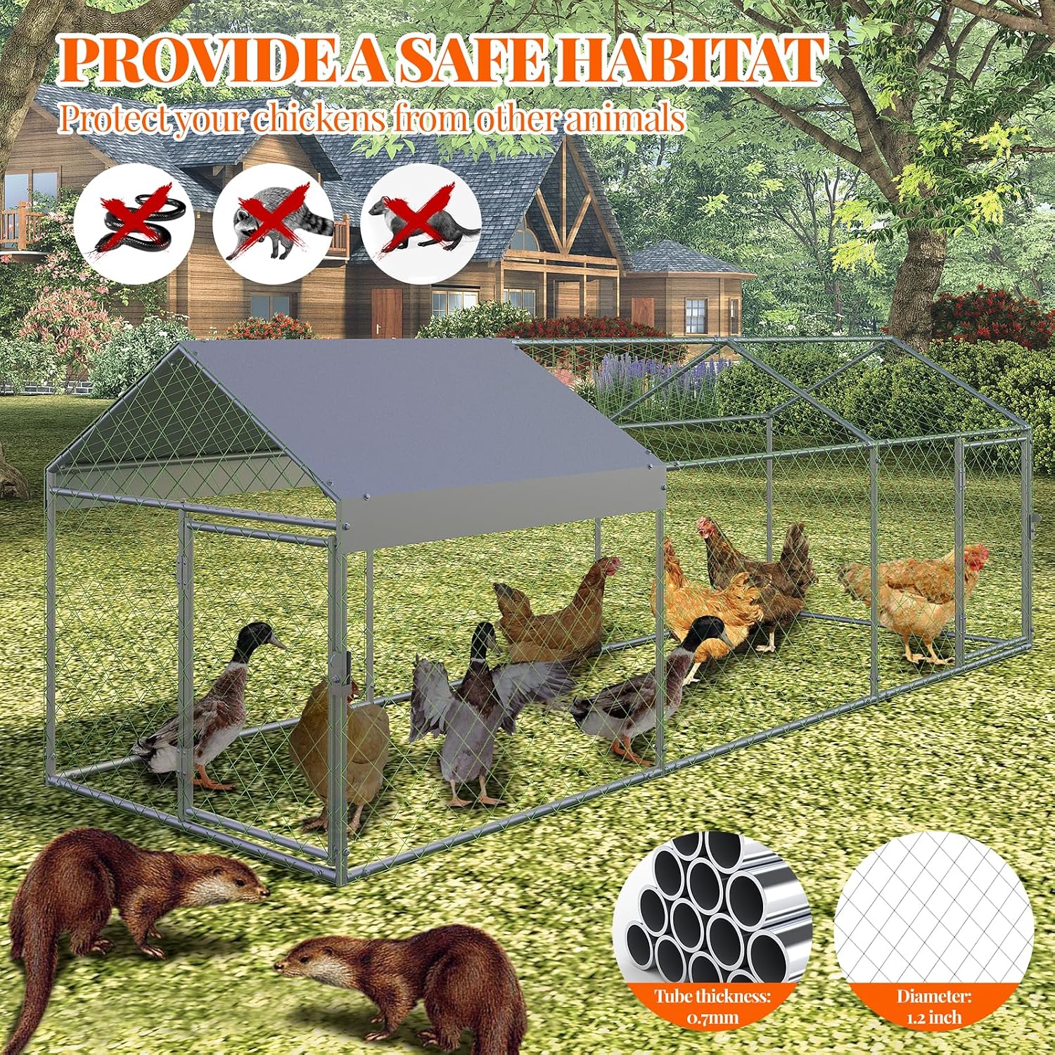 Image illustrating the waterproof and anti-UV properties of the coop's cover, showing protection from rain and sun.