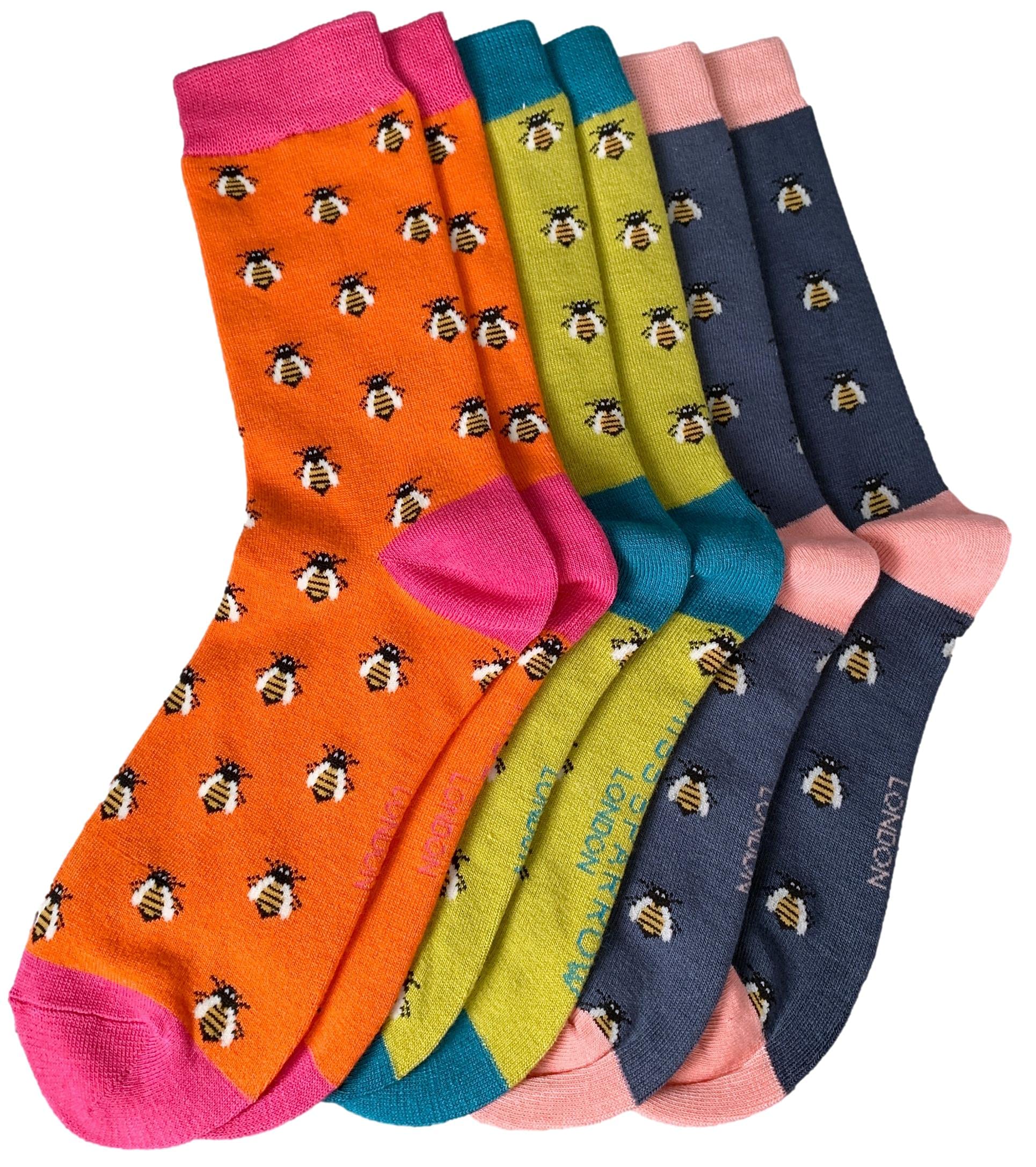 Purple Possum® Bee Socks Ladies Multi Pack Bumble Bees Orange Lime Green Bees Bamboo Cotton (Yellow & Lime Green) (Orange, Blue & Lime Green)