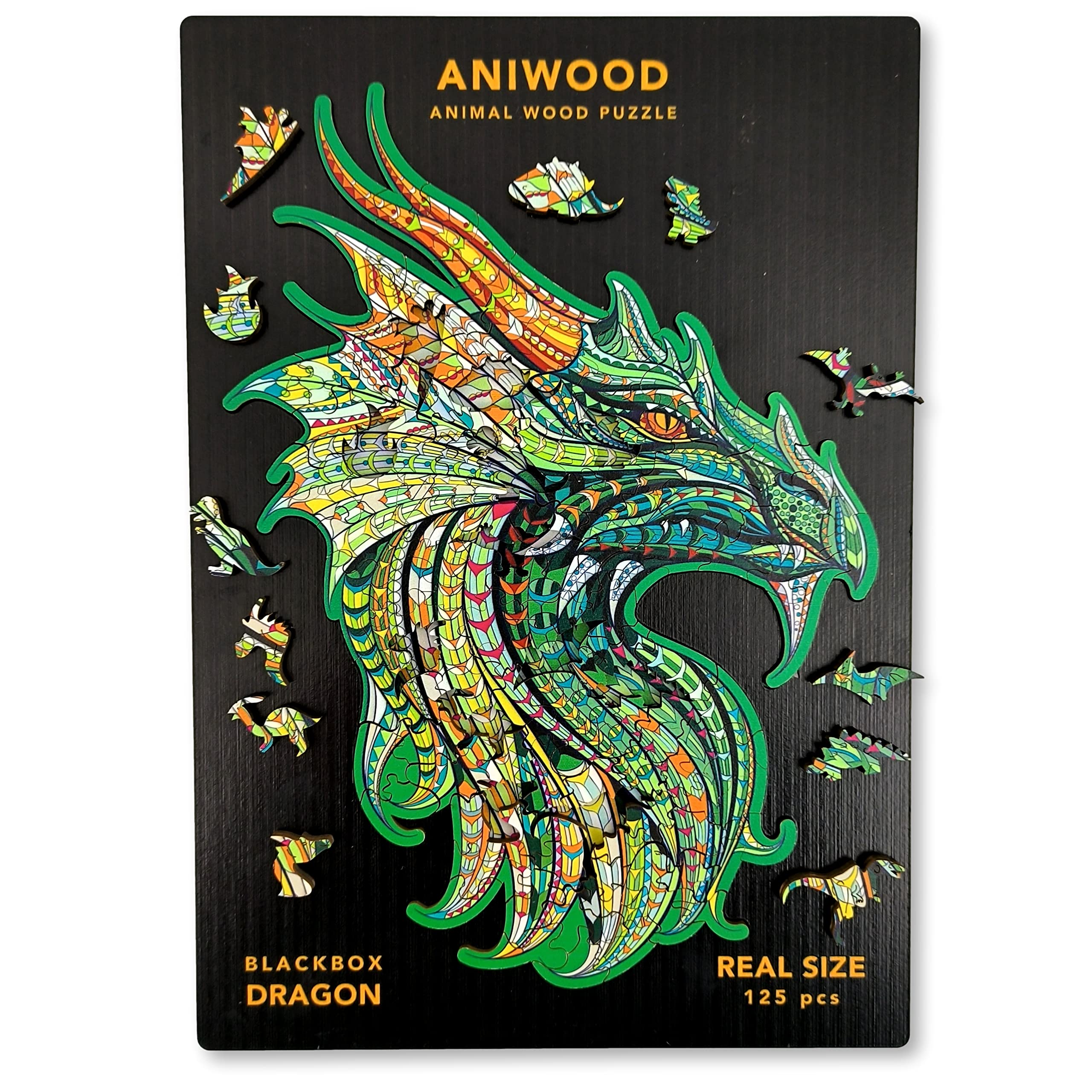 Aniwood drewniane puzzle w kształcie zwierząt Wieczko z wytłoczeniem w rozmiarze puzzli Zawiera unikalne elementy z kształtami zwierząt (rozmiar M, smok)