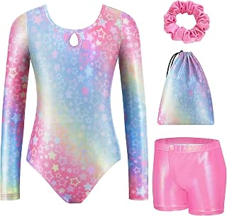 Arshiner Gymnastics Leotards for Girls Long Sleeve 4-Piece Tumbling Outfits | 3-11 Y, Matching Sparkly Shorts, Scrunchies and Storage Bag, Dance Unitards, Biketards