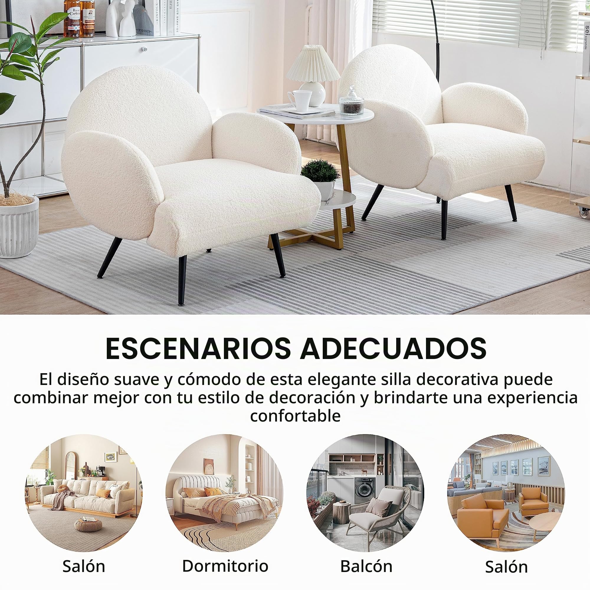 Sillón Moderno, sillón tapizado con Patas de Metal Negro para salón, Dormitorio, balcón, Estudio, Blanco