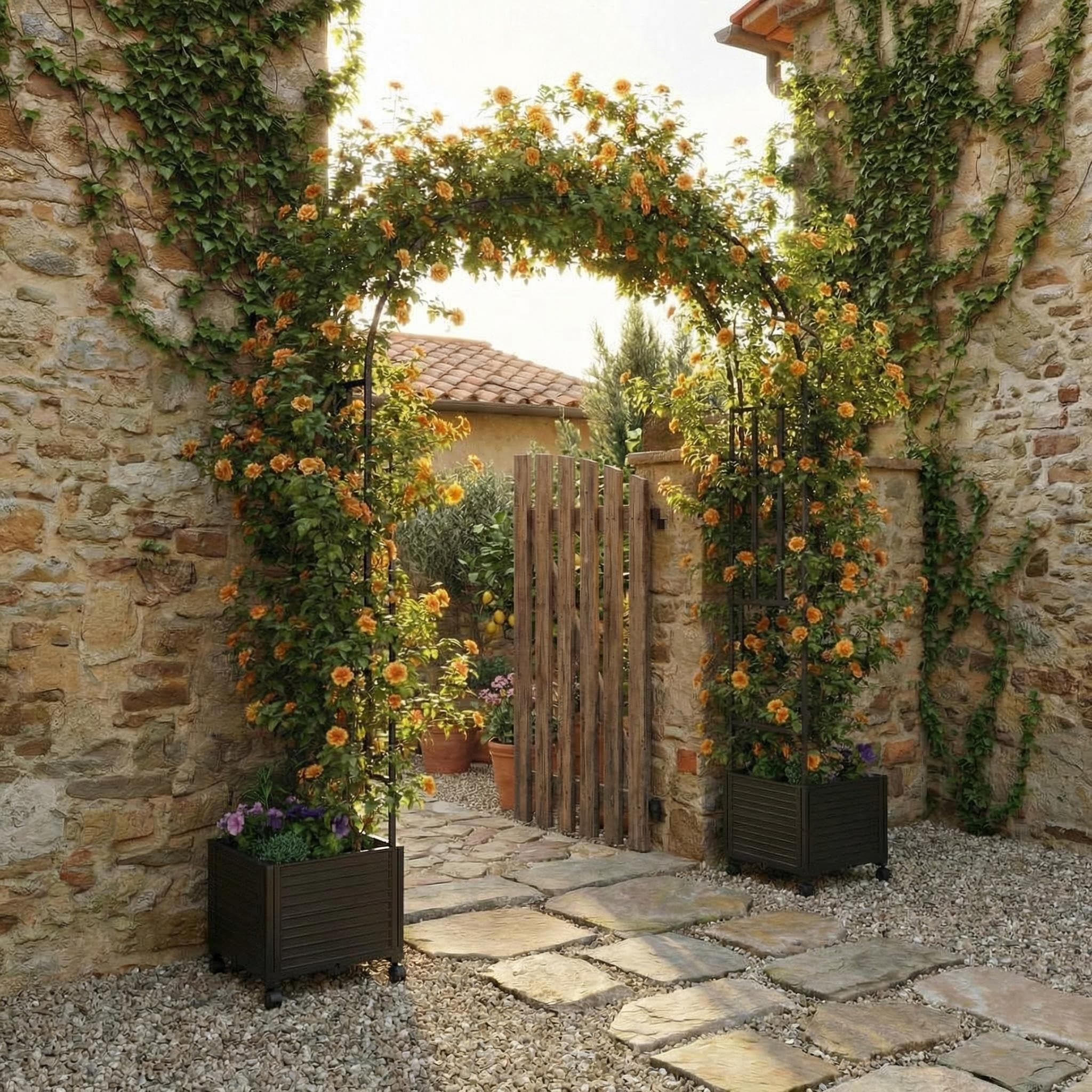 Garvee Arco da Giardino con Fioriera e Ruote Bloccabili, Altezza 2.4m Traliccio per Piante Rampicanti in Metallo, Supporto per Rose Edera Matrimoni Decorazione Esterna, PP Resistente UV