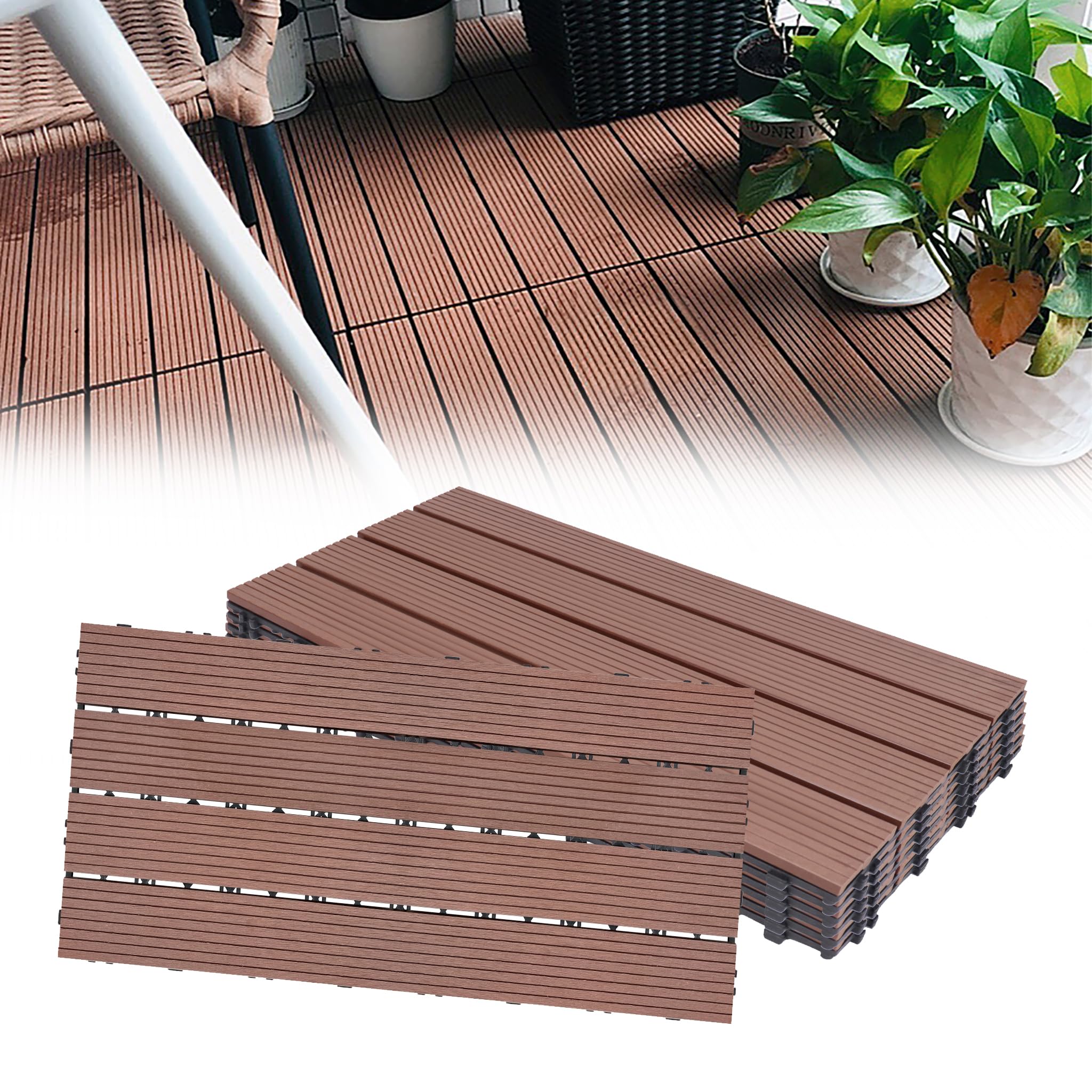HENGMEI Piastrelle per terrazze in WPC, 30 x 60 cm, con sistema a clic, 5 m²/30 pezzi, per terrazze e balconi, marrone