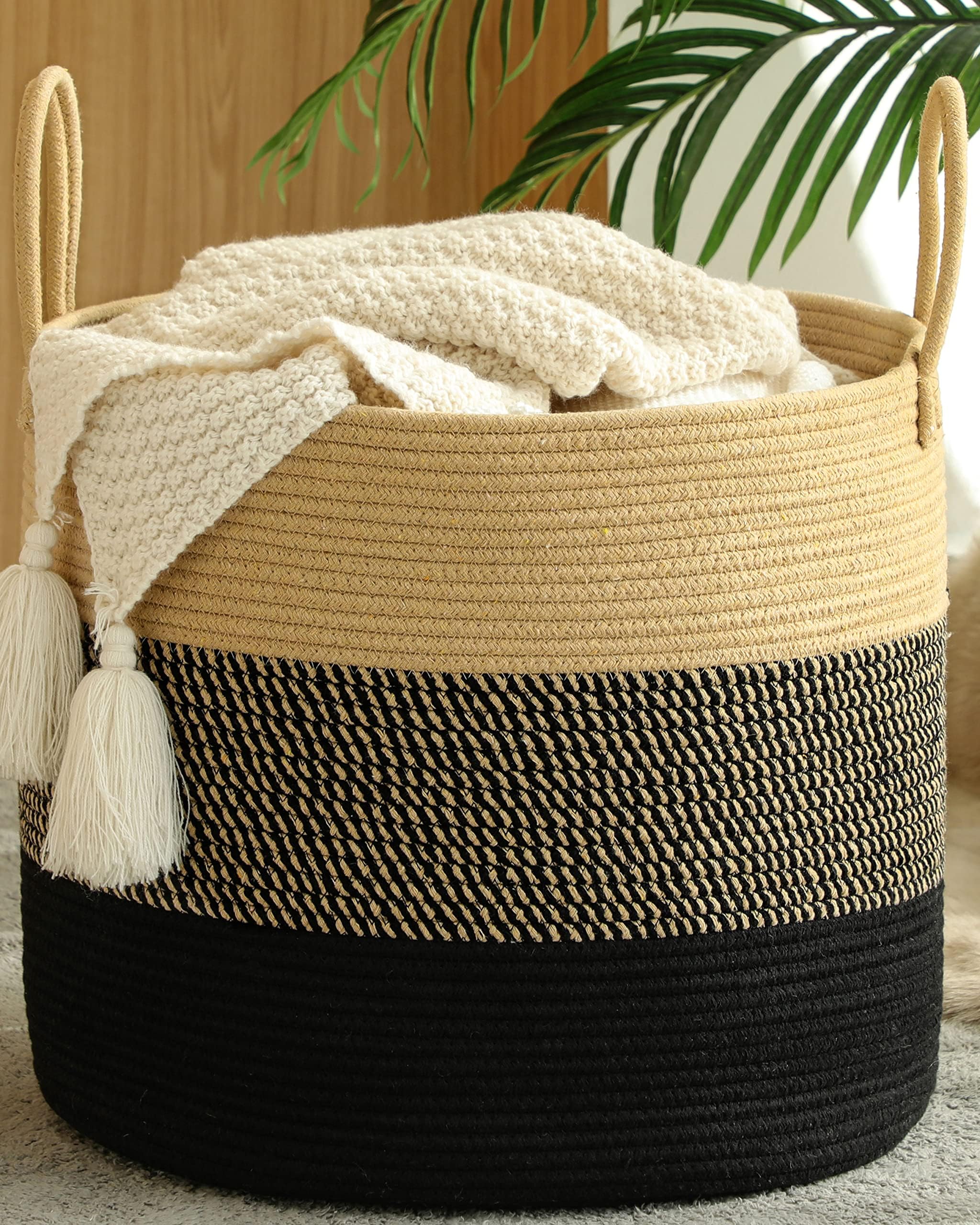 KAKAMAY Large Blanket Basket (18"x18"x16"),Woven Baby Laundry Hamper for Storage, Cotton Rope Blankets Baskets for Nursery, Laundry, Living Room, Pillows, Baby Toy Chest with Handles (Black)