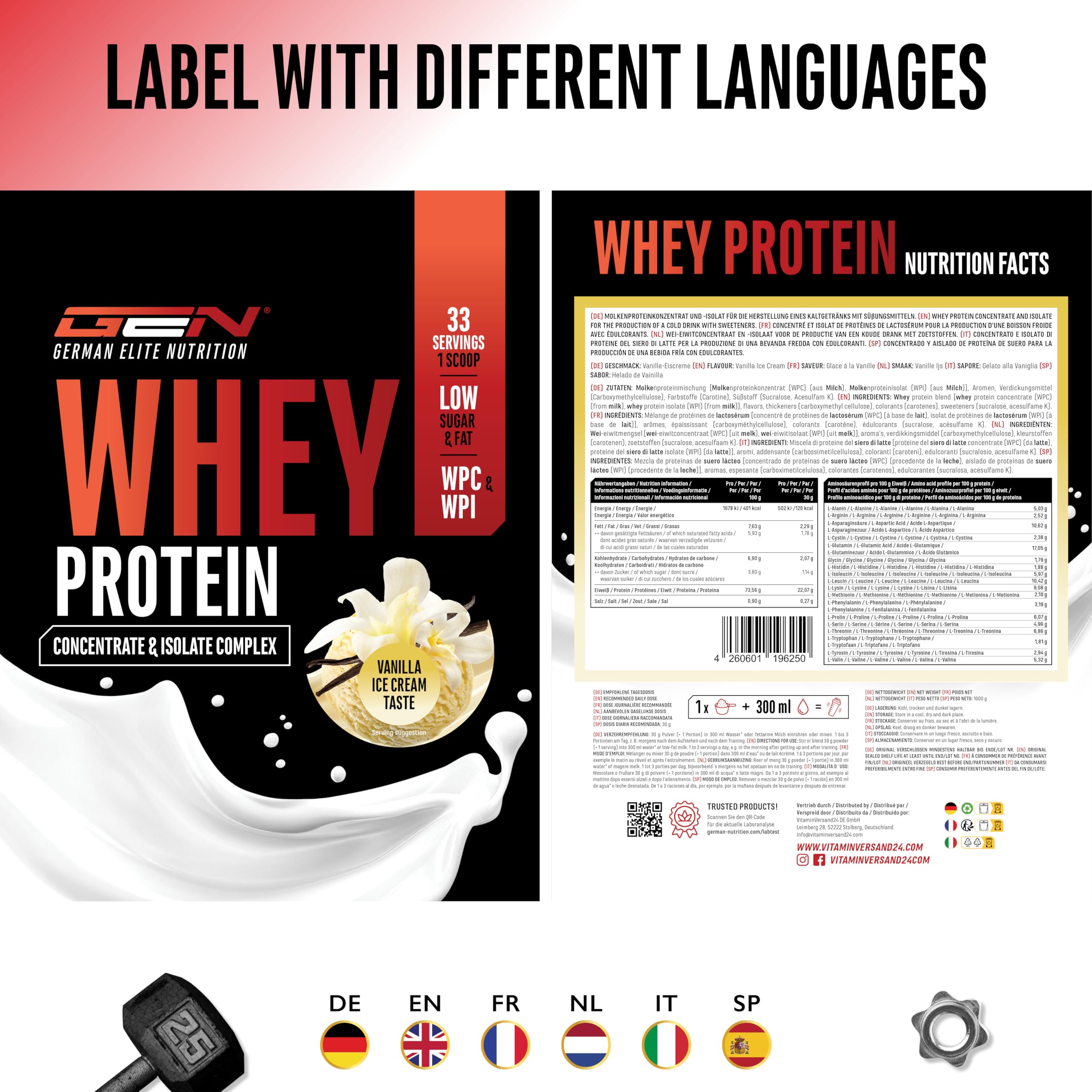 GEN GERMAN ELITE NUTRITION Whey Protein Pulver - 1000 g - Whey Isolat | Vanille Ice Cream Geschmack, instant lösliches Eiweiß Protein Pulver, mit BCAA & EAA - bis zu 22 g Protein pro Portion