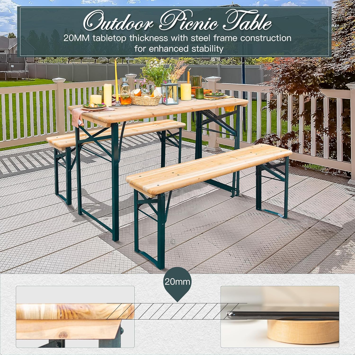 MELLCOM Folding Picnic Table Set with 2 Benches, 4Ft Portable Camping Table and Benches with Sturdy Steel Frame for Yard, Lawn and Party