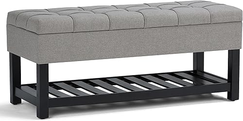 SIMPLIHOME Saxon - Banco otomano rectangular de transición de 43 pulgadas de ancho en tela de aspecto de lino gris paloma, montado para la sala de