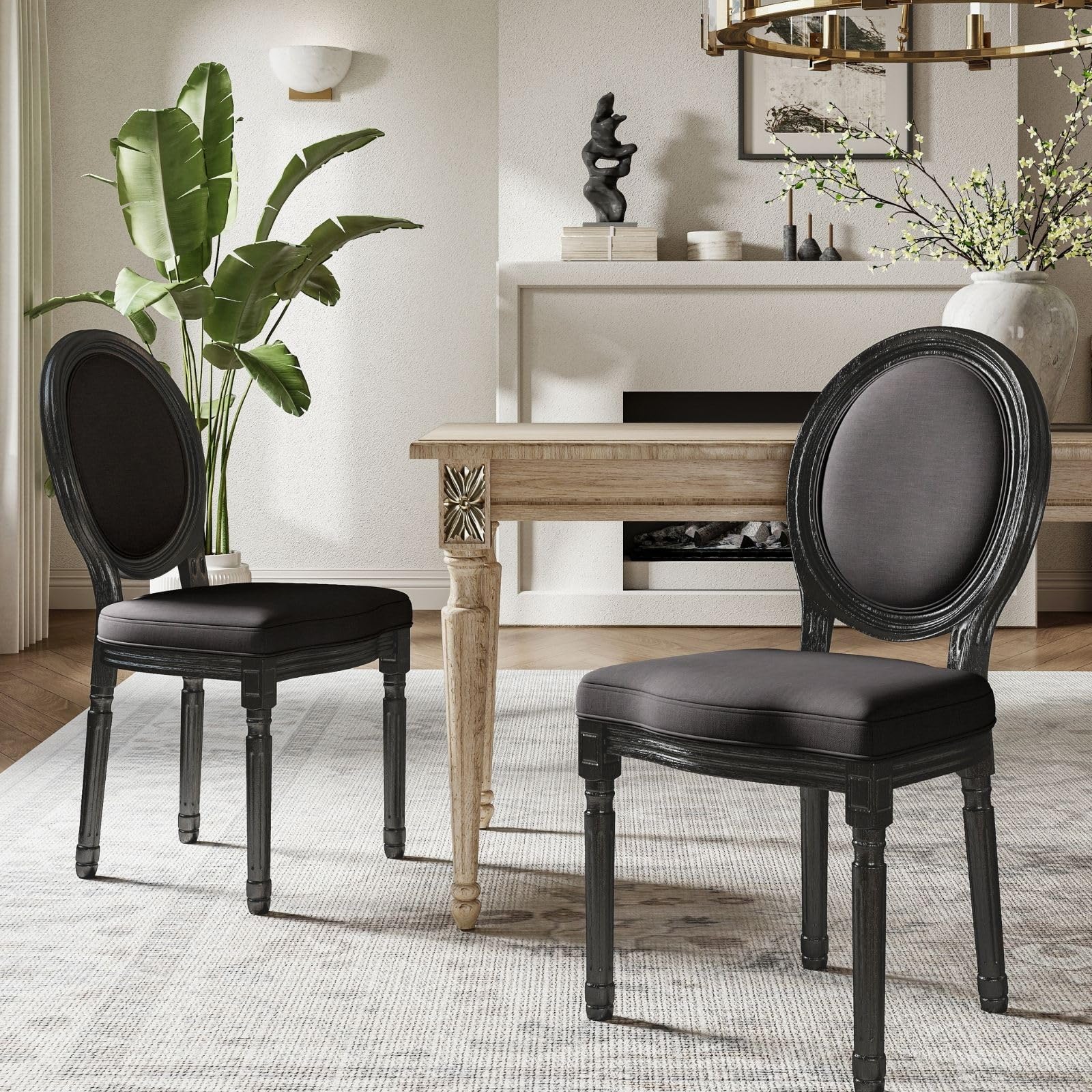 Hyfirm Washed Distressed Black Dining Chairs Set of 2, French Country Dining Room Chairs with Round Cushion Back, Wood Farmhouse Kitchen Chairs,