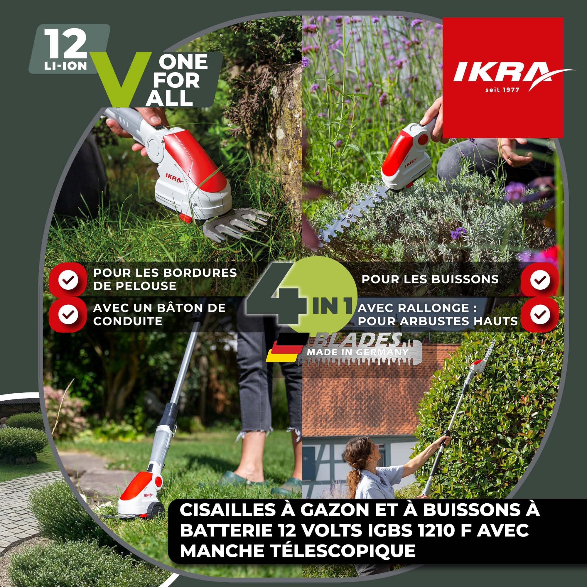 IKRA cisaille à Gazon & Taille-buissons télescopique sans Fil IGBS 1210 F avec Batterie & Chargeur, Lames « Made in Germany »