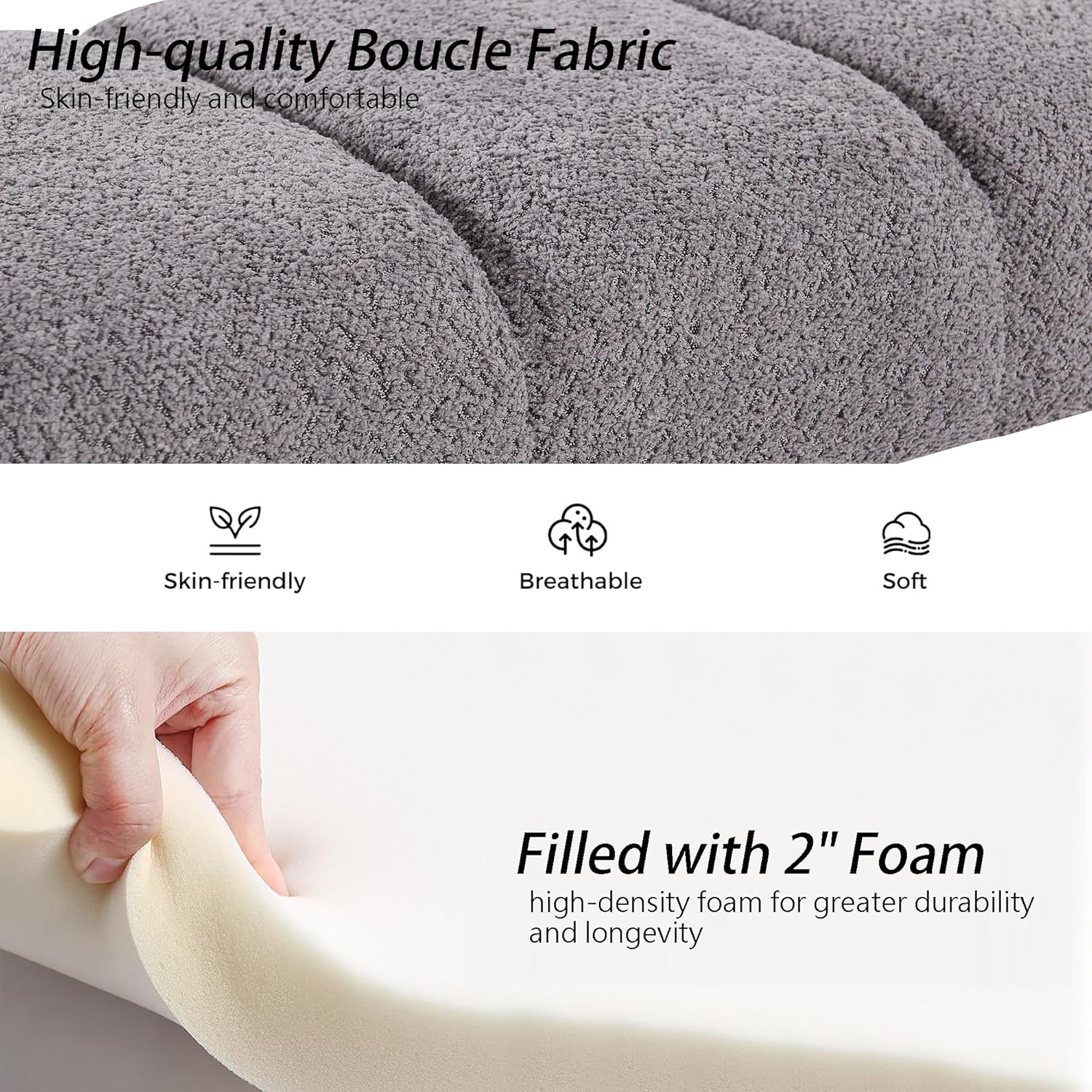 Boucle End of Bed Bench Upholstered Modern Bedroom Bench Channel Tufted Window Bench Comfy Long Ottoman for Living Room/Hallway/Indoor (Grey, Curved Arm)