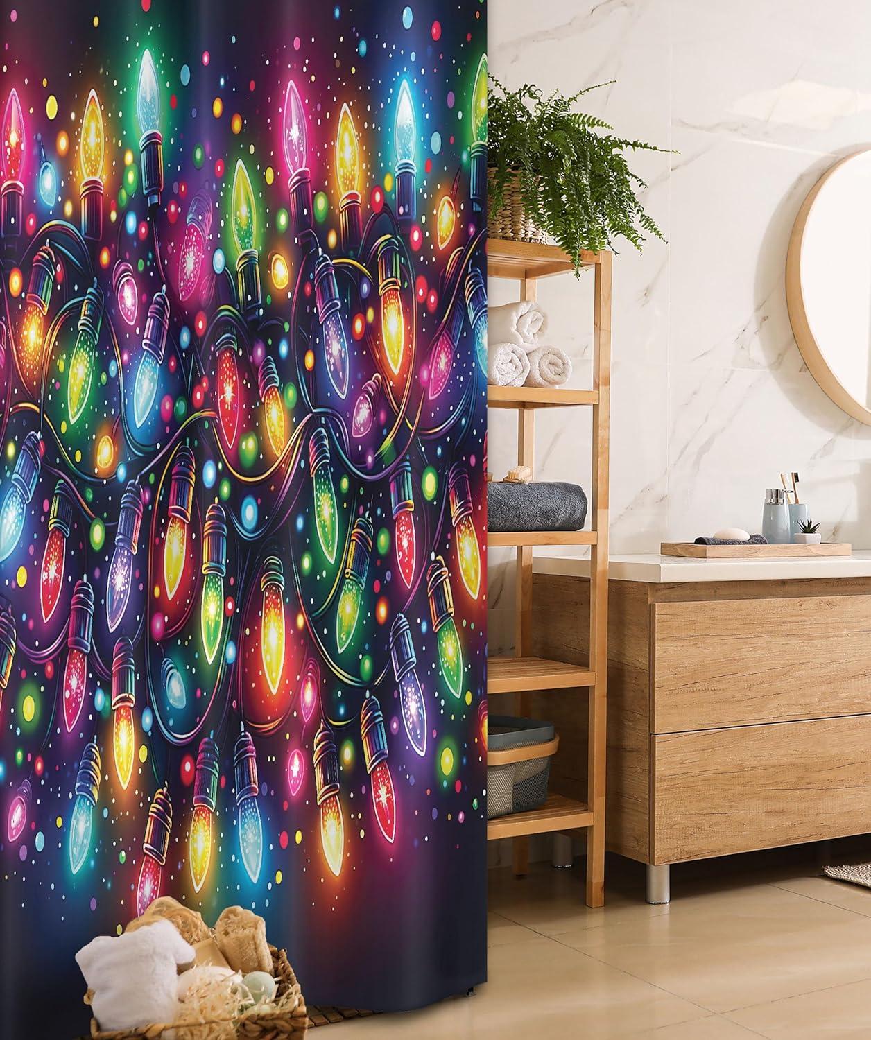 Ambesonne Christmas Stall Shower Curtain, Colorful Festive Xmas Party Big Little Dots Playful and Joyous Print, Fabric Bathroom Decor Set with Hooks, 36" W x 72" L, Dark Purple Multicolor