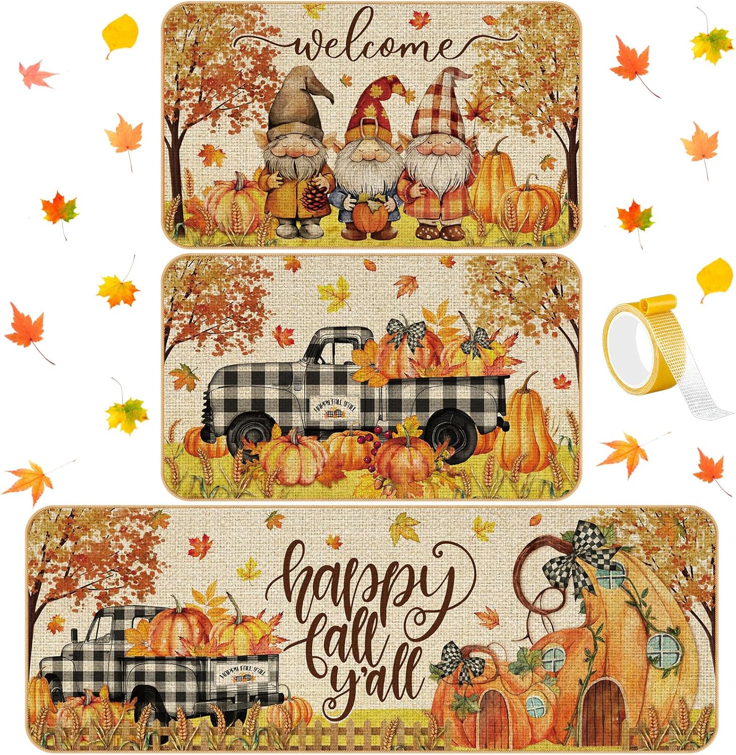 Timgle 3 Pcs Thanksgiving Neutral Kitchen Rugs Fall Kitchen Mats Thanksgiving Pumpkin Gnome Rugs Washable Non Slip Doormat Autumn Maple Leaves Harvest Floor Mats 17 x 29 Inch 17 x 47 Inch Maple Leaf