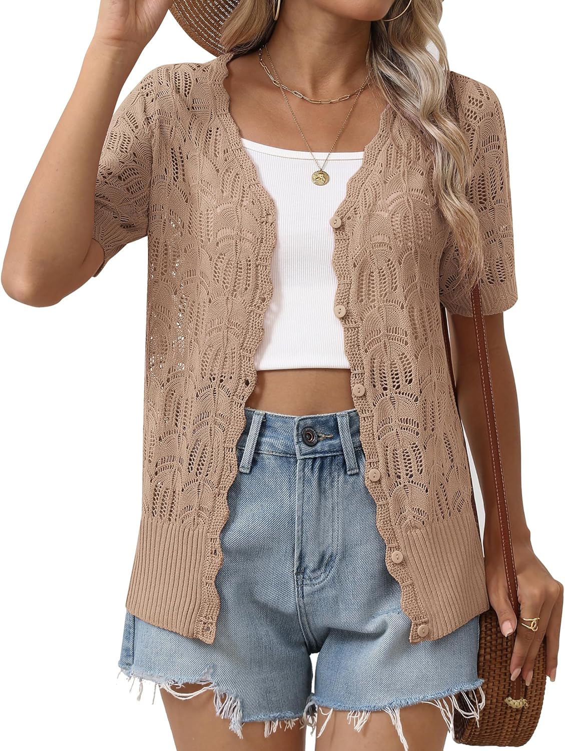 Zeagoo Women's Short Sleeve Summer Cardigan V-Neck Button up Lightweight Hollow Out Sweater Cardigans Shrug