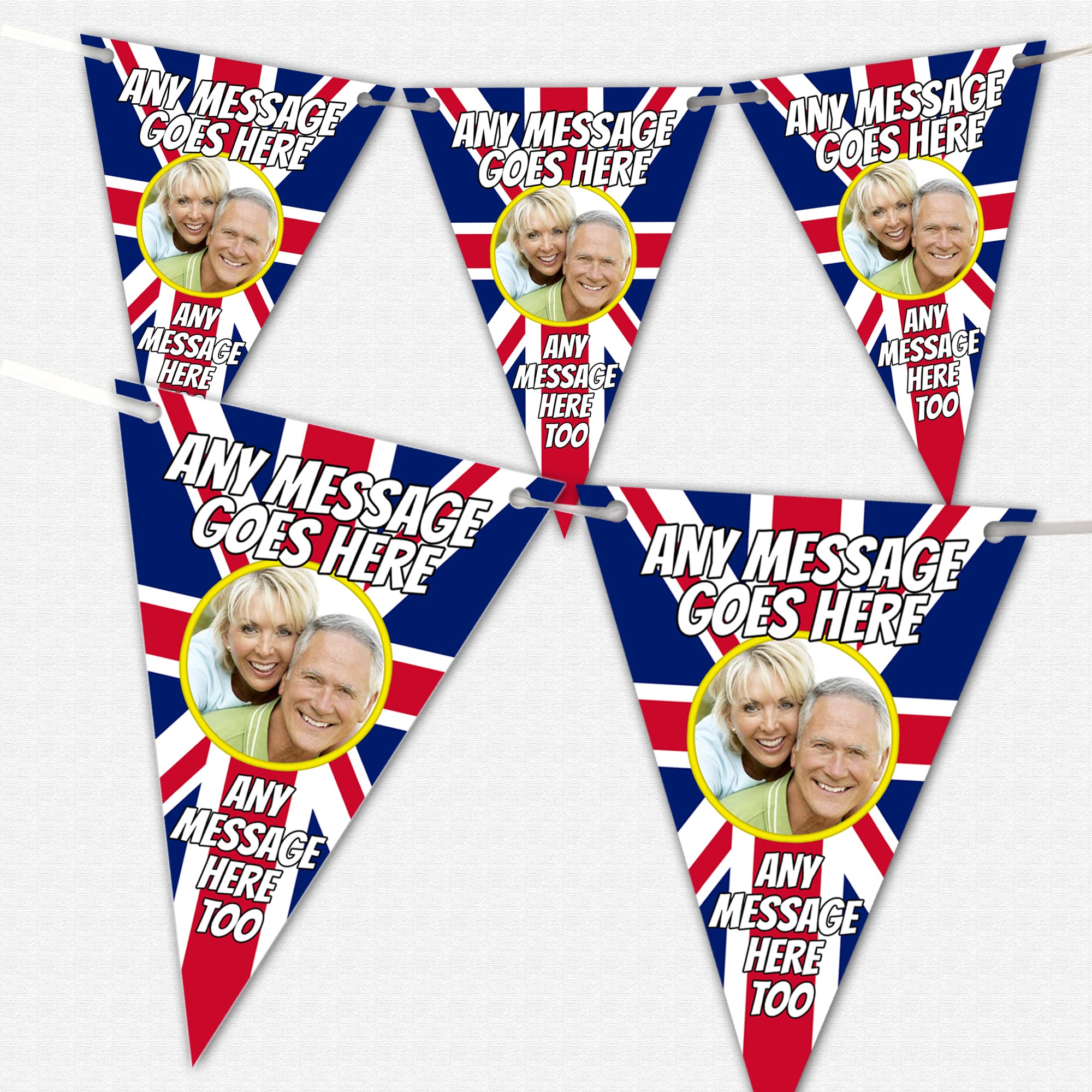 24 x Personalised Union Jack Bunting With Photo And Text Of Your Choice - Large Triangle Flags including Ribbon For Banner - Birthdays, Weddings, Stag Dos, Hen Parties, 18th 21st 30th 40th 50th 60th