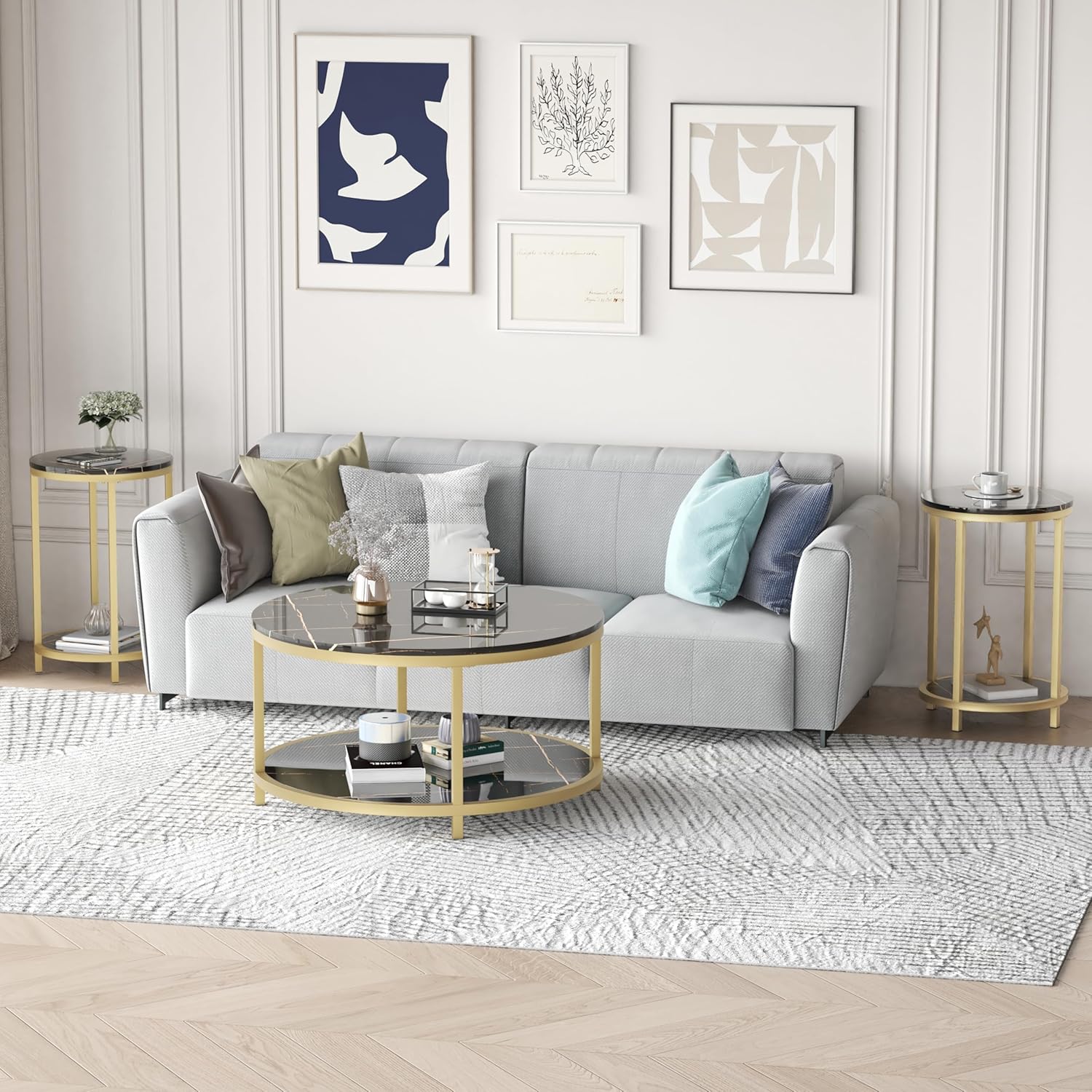 WiberWi Round Coffee Table Side Table Nesting Tables Set of 2, Large : Ø 33.5" Small : Ø 15.8", Modern Coffee Tables for Living Room, Gold Frame Circle Cocktail Table, High Glossy Faux Black Marble