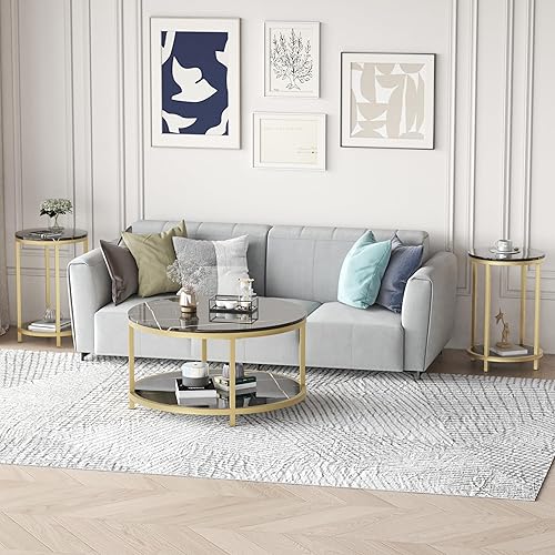 Miniatura 4 de WiberWi Juego de 2 mesas auxiliares redondas, mesa auxiliar moderna con marco de metal dorado y parte superior de mármol sintético, mesita de noche