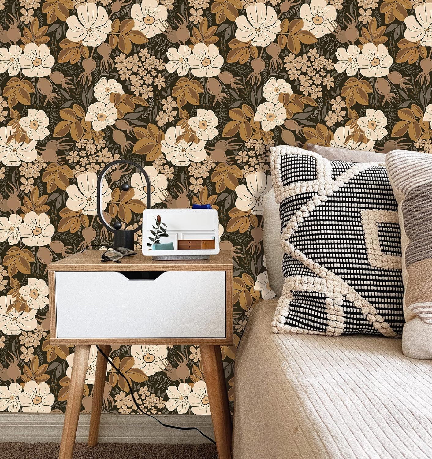 Wallpaper Peel and Stick, Dark Floral Wallpaper, Vintage Removable Waterproof Wall Paper, Self Adhesive Textured Contact Paper for Bedroom, Kithchen and Cabinet 17.5'' x 393''
