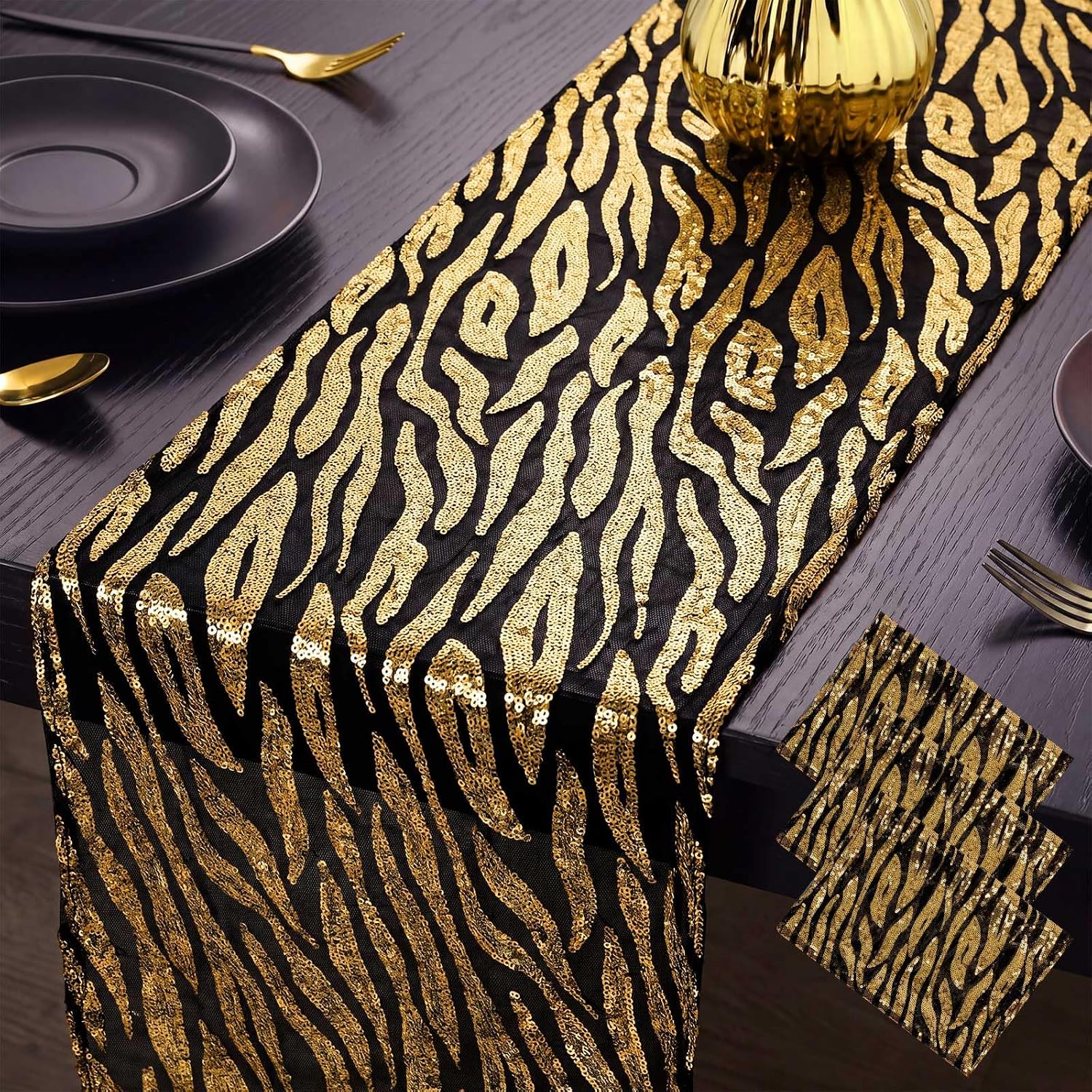 Peryiter 3 Pcs Roaring 1920's Table Runners Decorations 12 x 108 Inch Great 20's Black and Gold Table Runner Sequin Reusable Tablestrip for 1920s Vintage Speakeasy Wedding Party