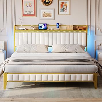 King Size Bed Frame with LED Lights and Charge Station, Upholstered Platform Bed with Storage Headboard, Heavy Duty Metal Slats, No Box Spring Needed, Easy Assembly, White