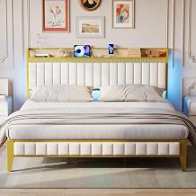 King Size Bed Frame with LED Lights and Charge Station, Upholstered Platform Bed with Storage Headboard, Heavy Duty Metal Slats, No Box Spring Needed, Easy Assembly, White