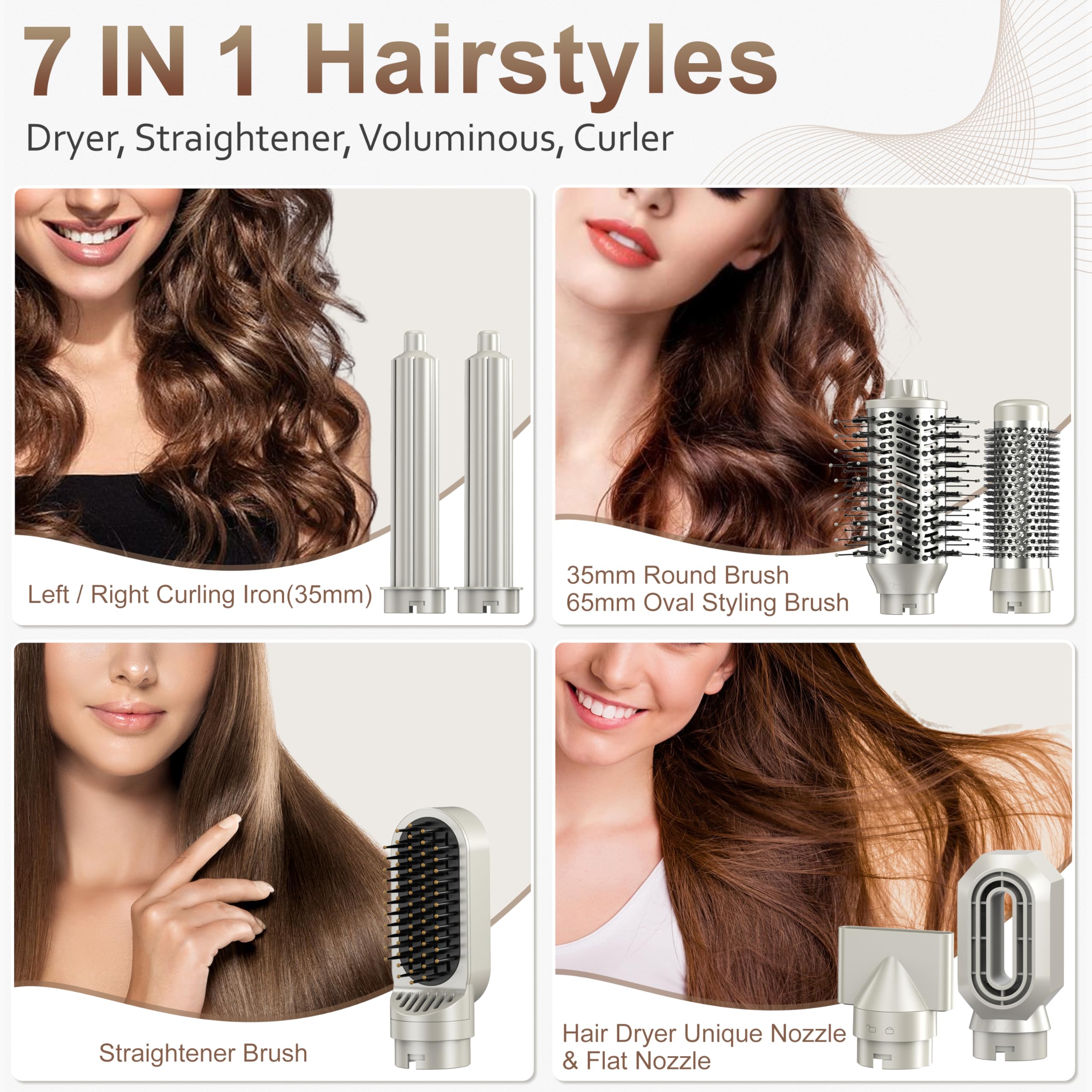 Hair Dryer Brush 7 in 1 Professional Hot Air Styler, 110,000 RPM High Speed Negative Ionic Dryer, Straightener Comb & 2 Auto Wrap Curlers, 2 Concentrator, Oval & Round Styling Brush 2