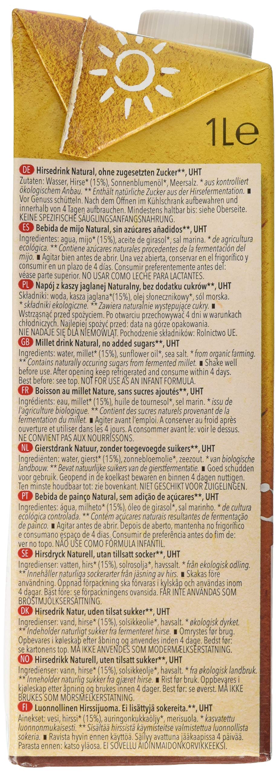 Natumi Hirsedrink Natural Ungesüßt Hirse Drink Bio Veganer Milchersatz, Neutral, 1 ltr (6er Pack)
