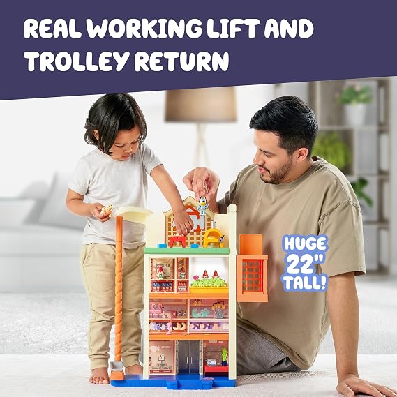 Bluey Hammerbarn Shopping Centre Mega Set, 4 Level, 22 Inch Tall Playset With Working Lift and Trolley Return, Lights and 45+ Sounds, 3 Figures, 15 Accessories, Plus Utility Vehicle