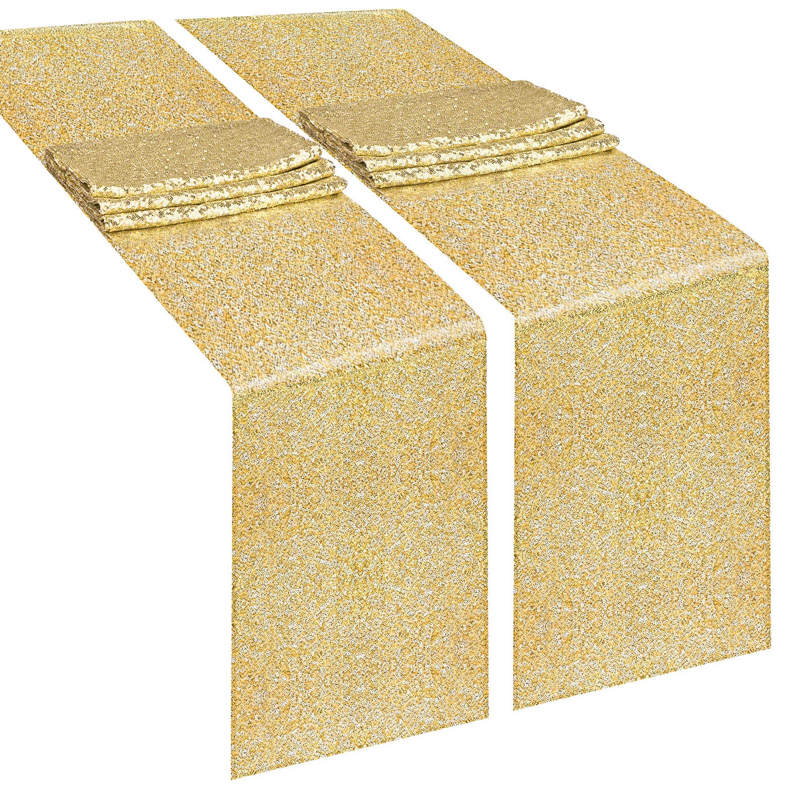 yubooGold Sequin Table Runners 12 x 108 inch, 2 Pack Glitter Fabric Sparkle Table Cloth for Holiday Birthday Wedding Bridal Baby Shower Mardi Gras Fall Halloween Christmas Party Decoration